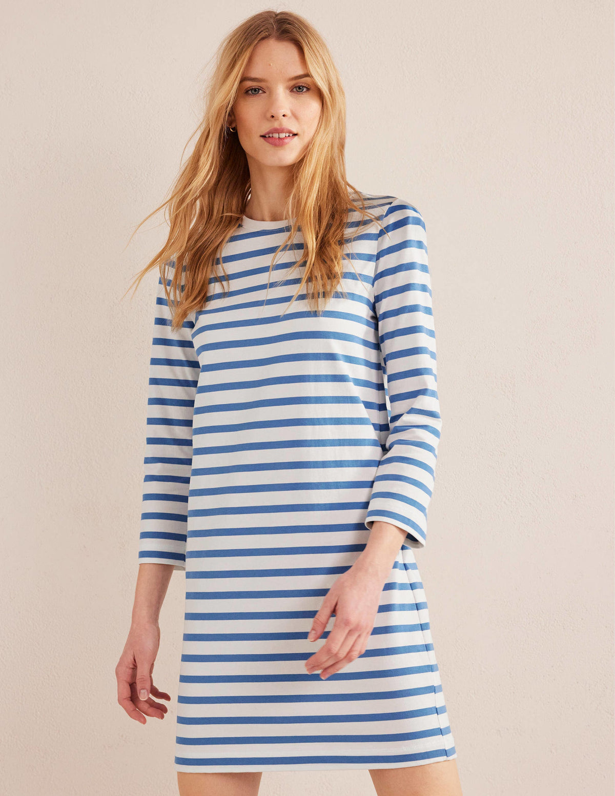 Jersey Mini T-Shirt Dress-Ivory and Blue Stripe - Image 1