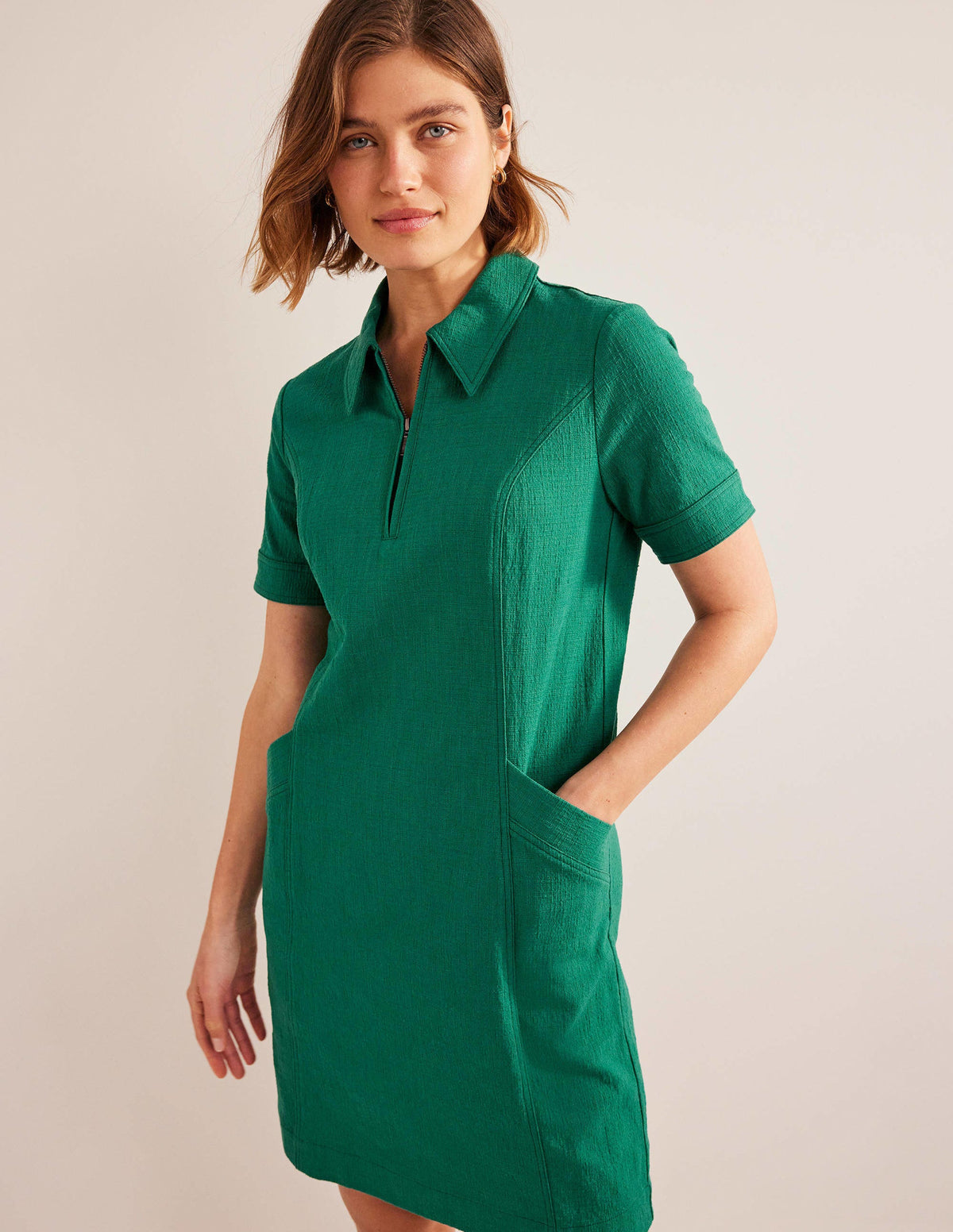 Zip Detail Mini Shift Dress-Bottle Green - Image 4