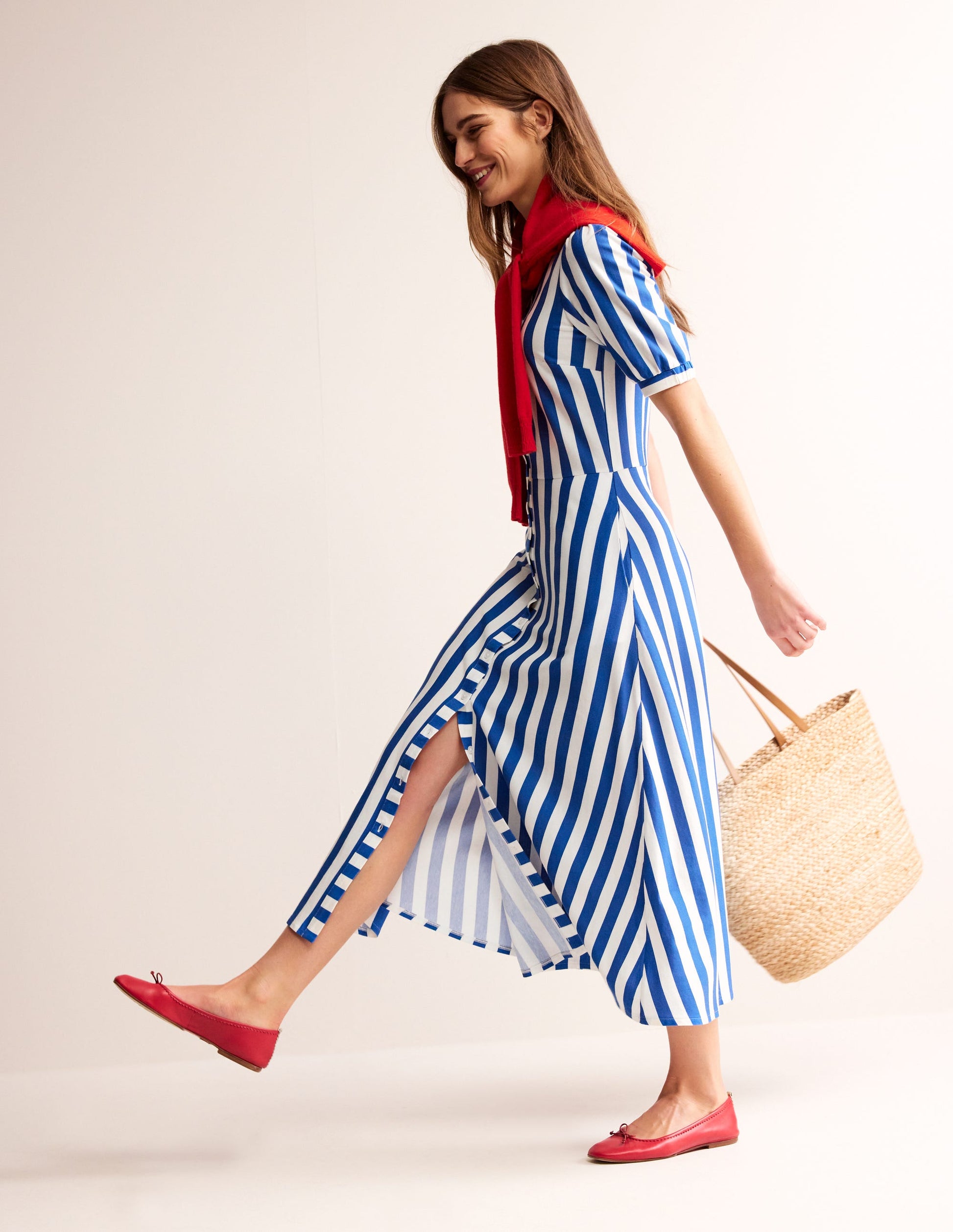 Libby Jersey Midi Shirt Dress-Blue, Ivory Stripe-5