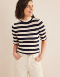 Ribbed Pointelle High Neck Top-Navy, Ivory Stripe