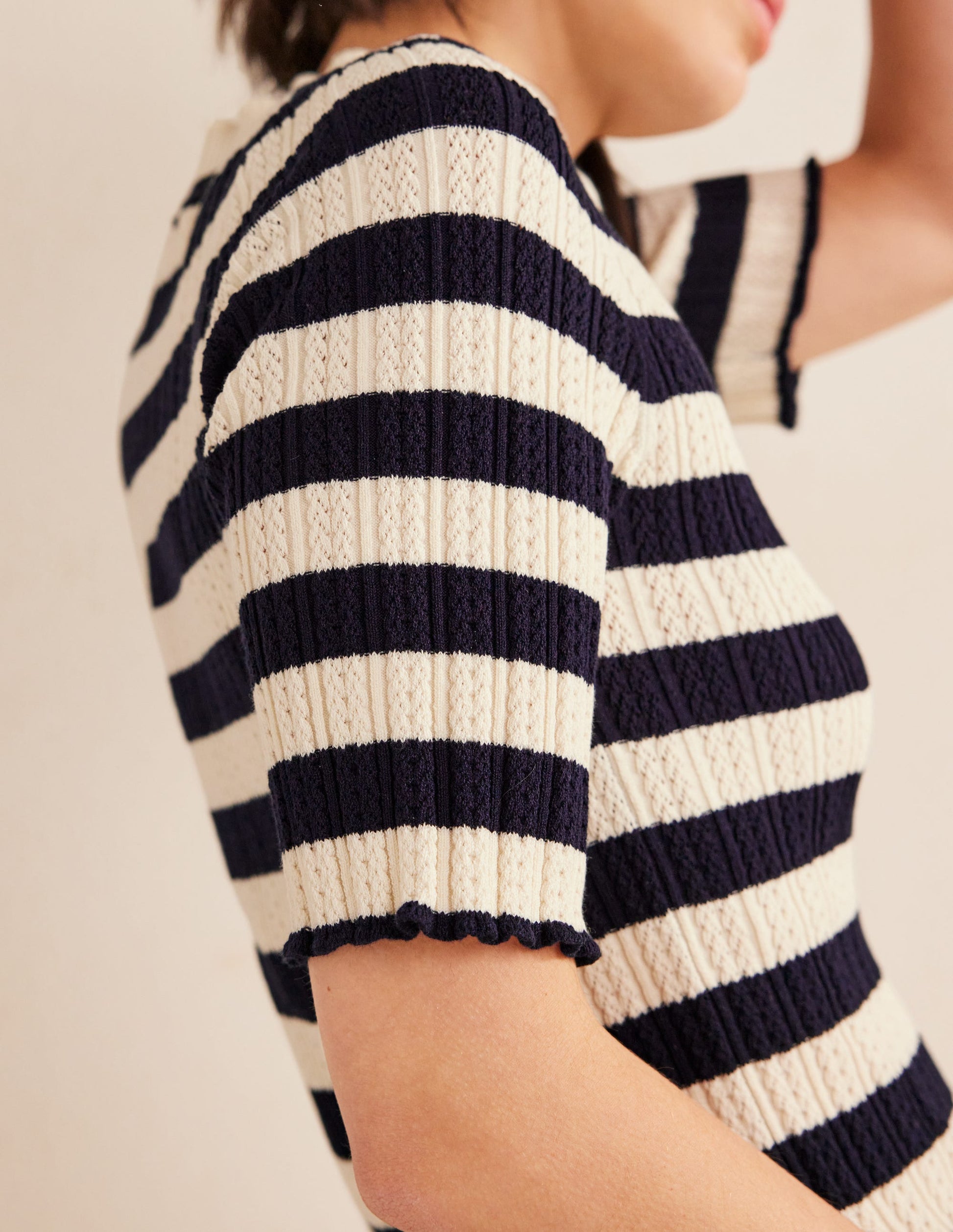 Ribbed Pointelle High Neck Top-Navy, Ivory Stripe-2