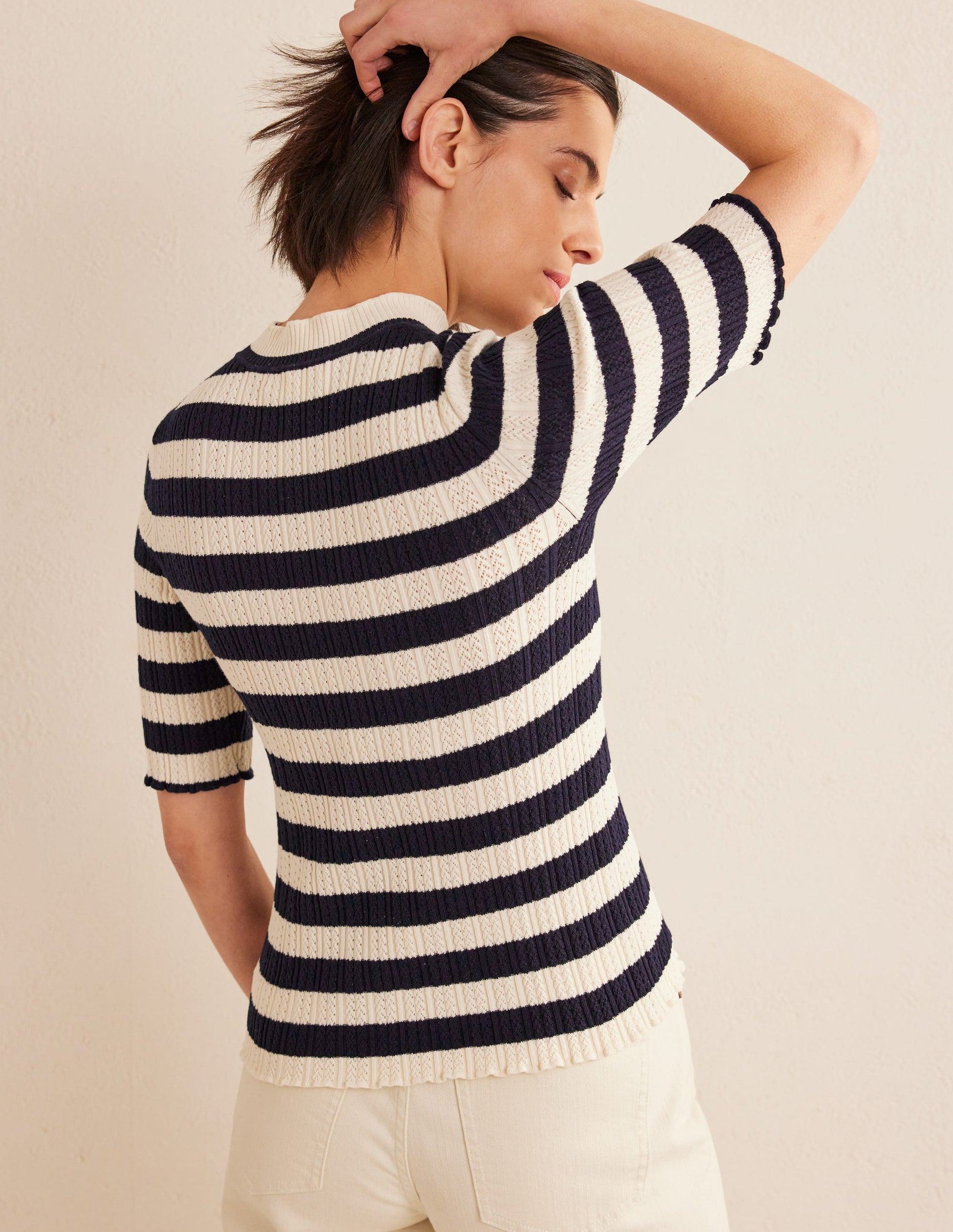 Ribbed Pointelle High Neck Top-Navy, Ivory Stripe-3