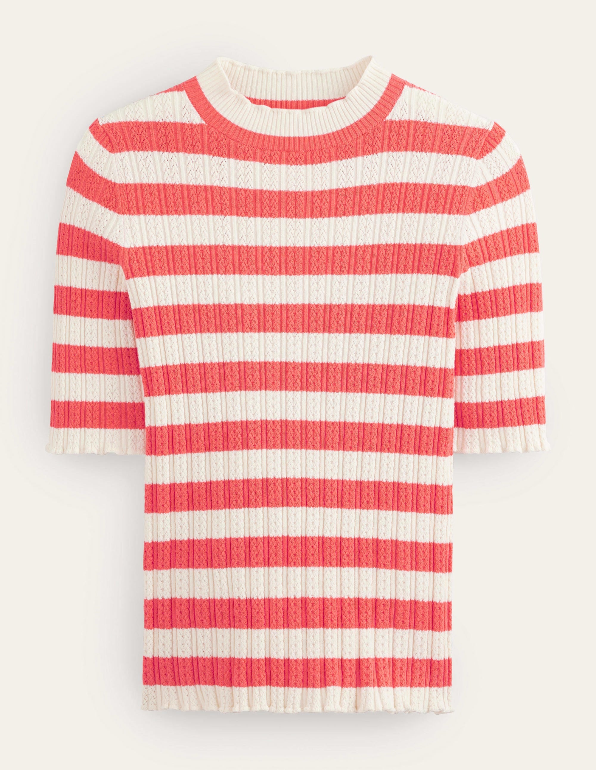 Ribbed Pointelle High Neck Top-Bright Watermelon Stripe - Image 5