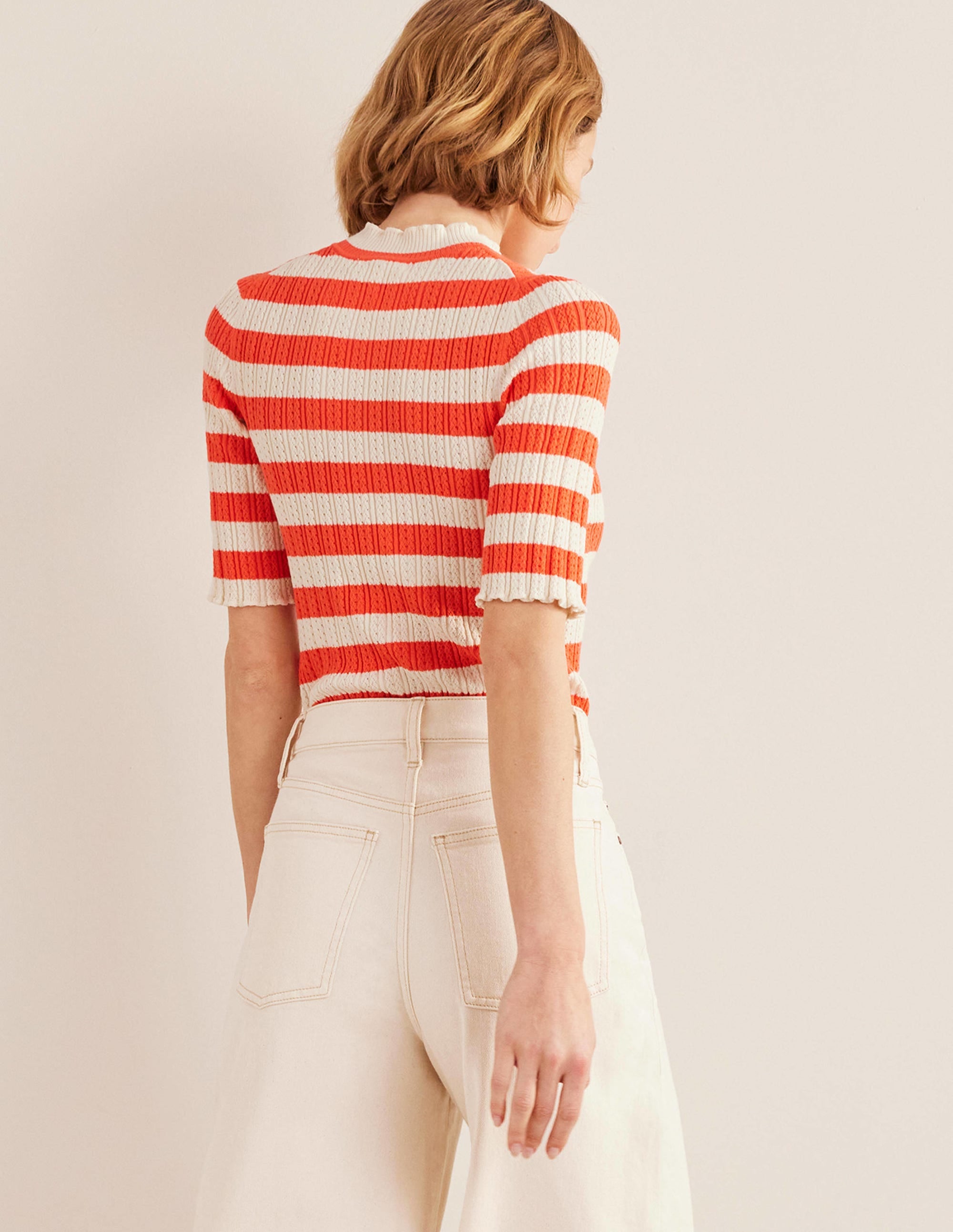 Ribbed Pointelle High Neck Top-Bright Watermelon Stripe - Image 3