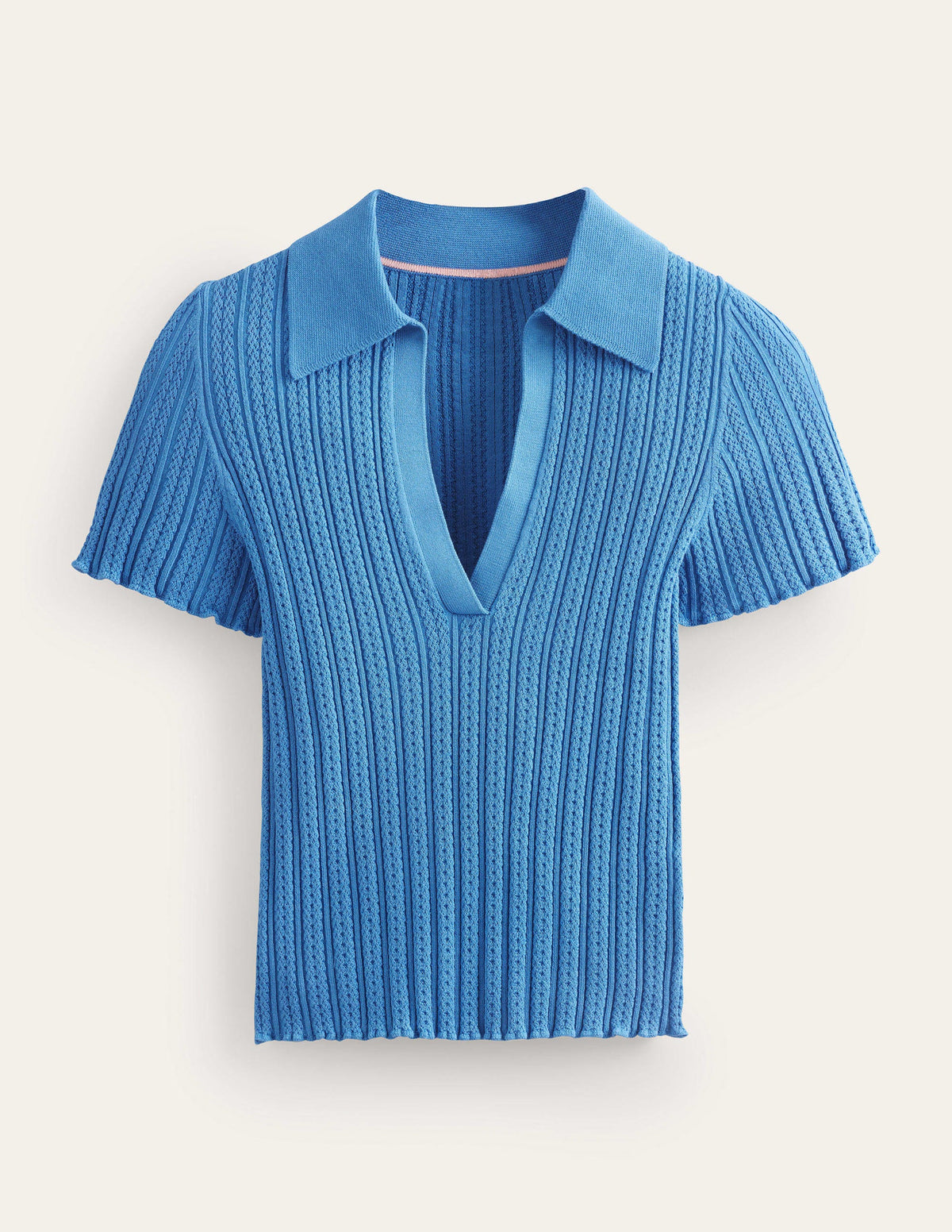Ribbed Pointelle Collared Top-Porcelain Blue-5