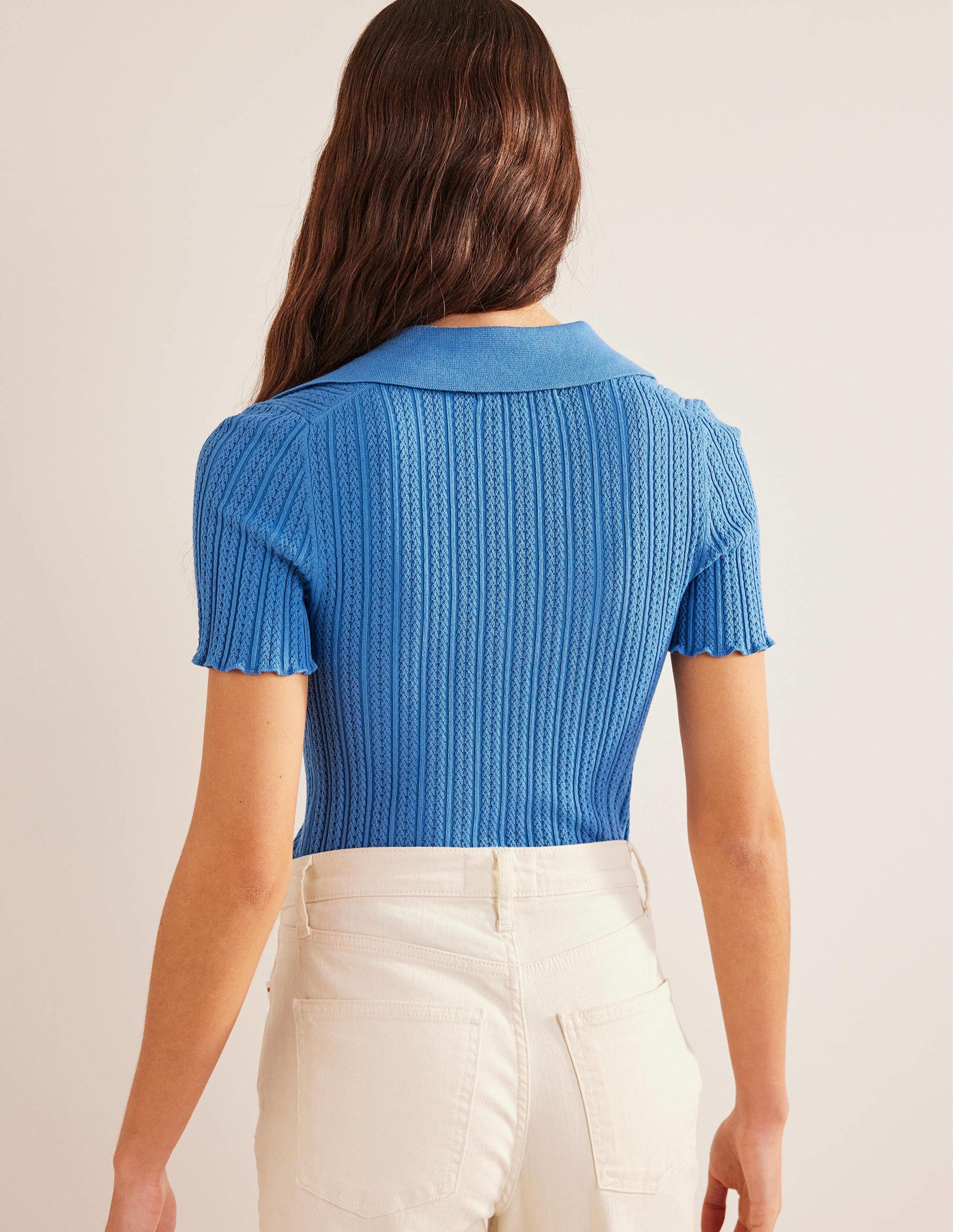 Ribbed Pointelle Collared Top-Porcelain Blue-3