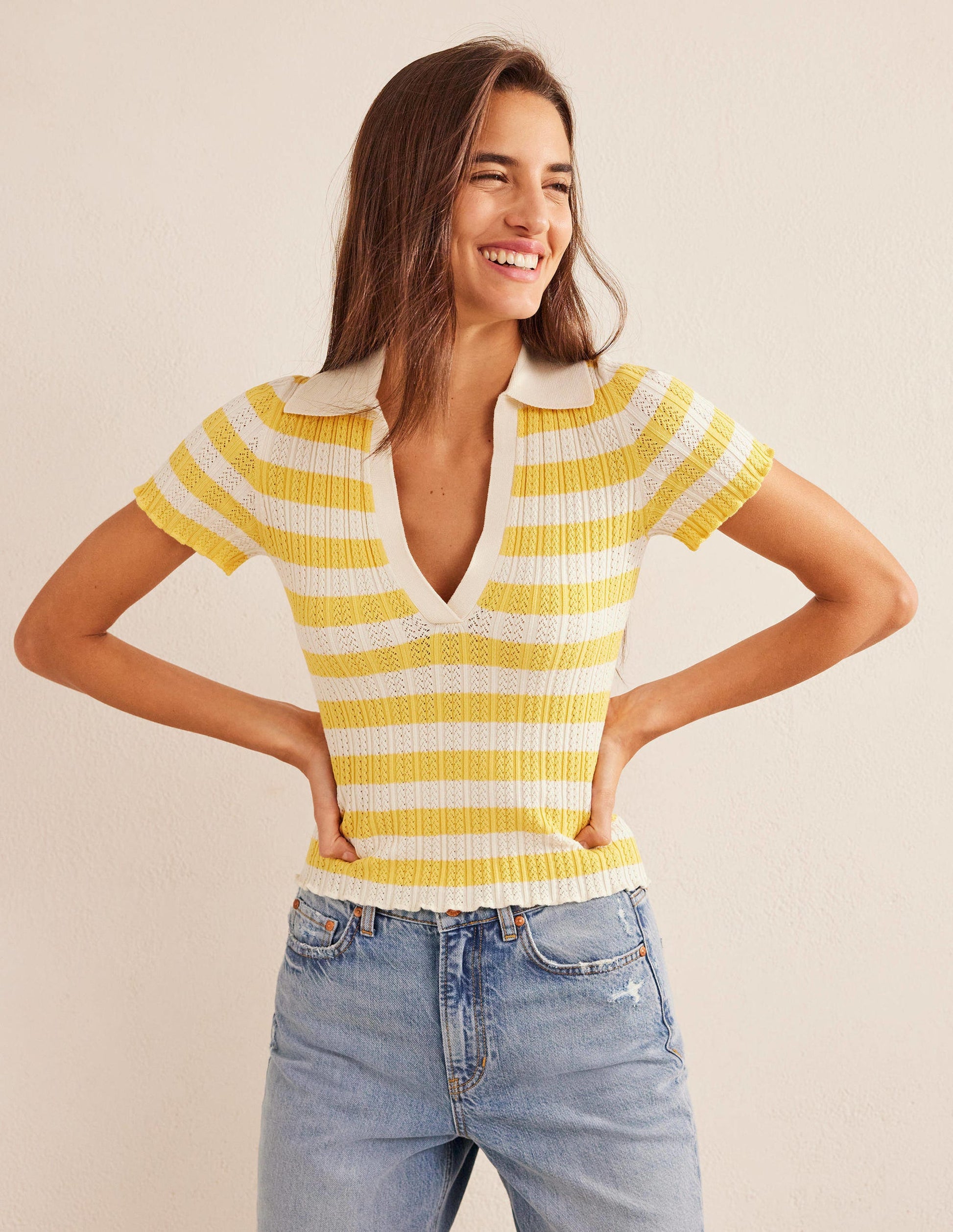 Ribbed Pointelle Collared Top-Sweet Honeycomb, Ivory Stripe-1