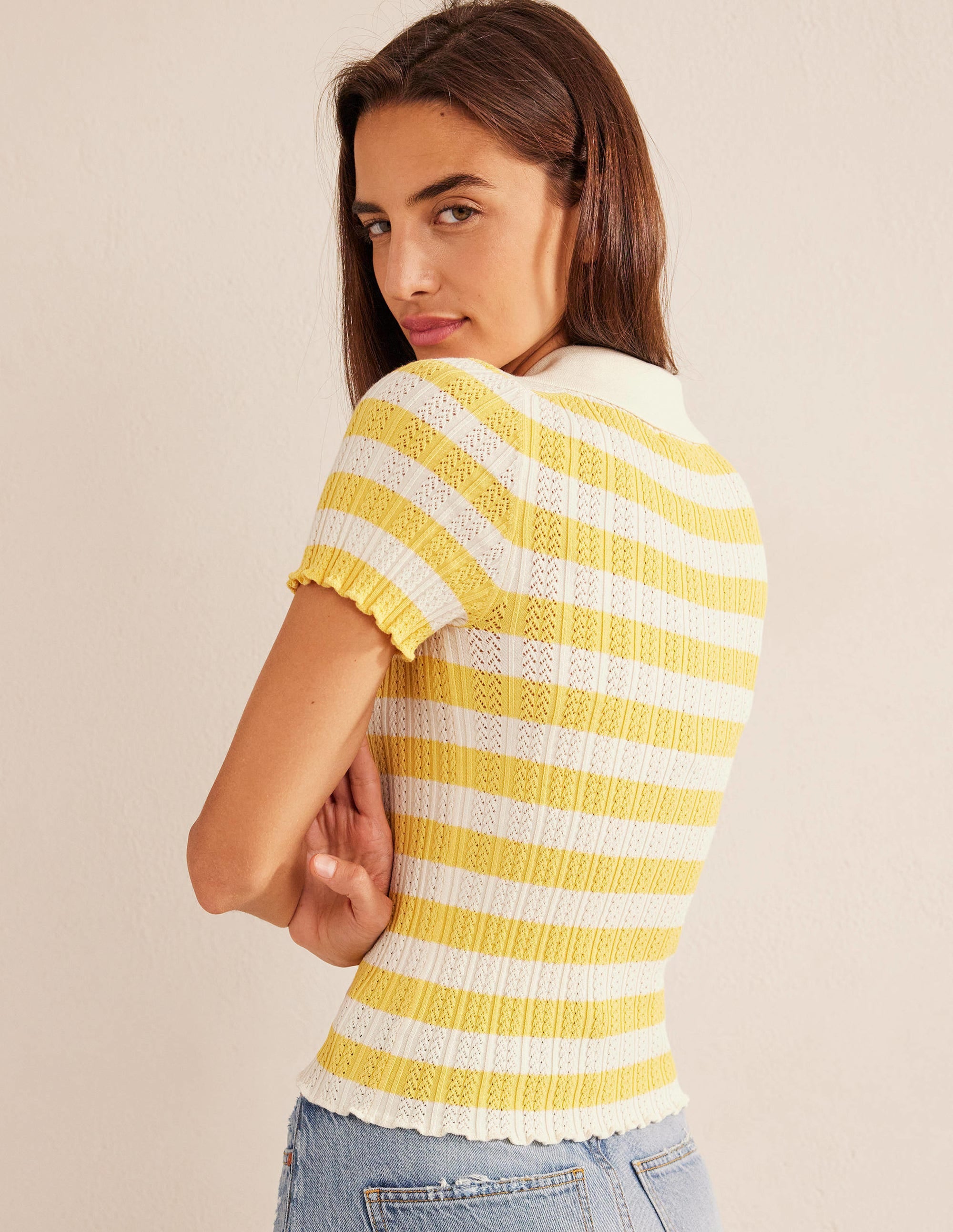 Ribbed Pointelle Collared Top-Sweet Honeycomb, Ivory Stripe - Image 3