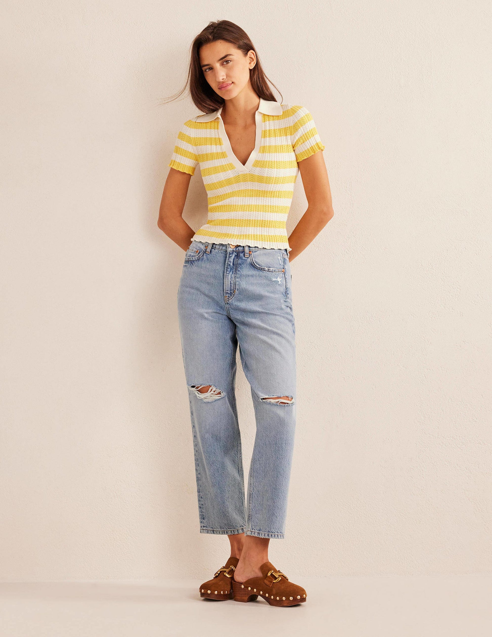 Ribbed Pointelle Collared Top-Sweet Honeycomb, Ivory Stripe-4