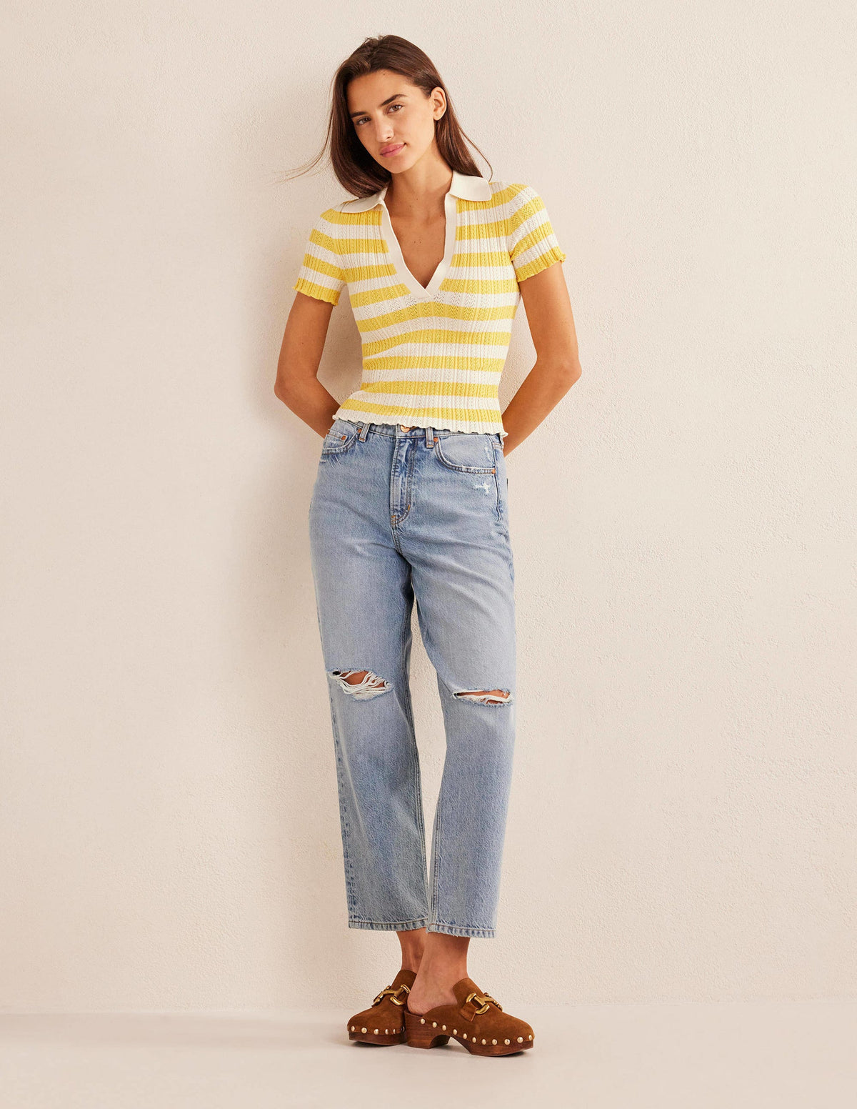 Ribbed Pointelle Collared Top-Sweet Honeycomb, Ivory Stripe - Image 4