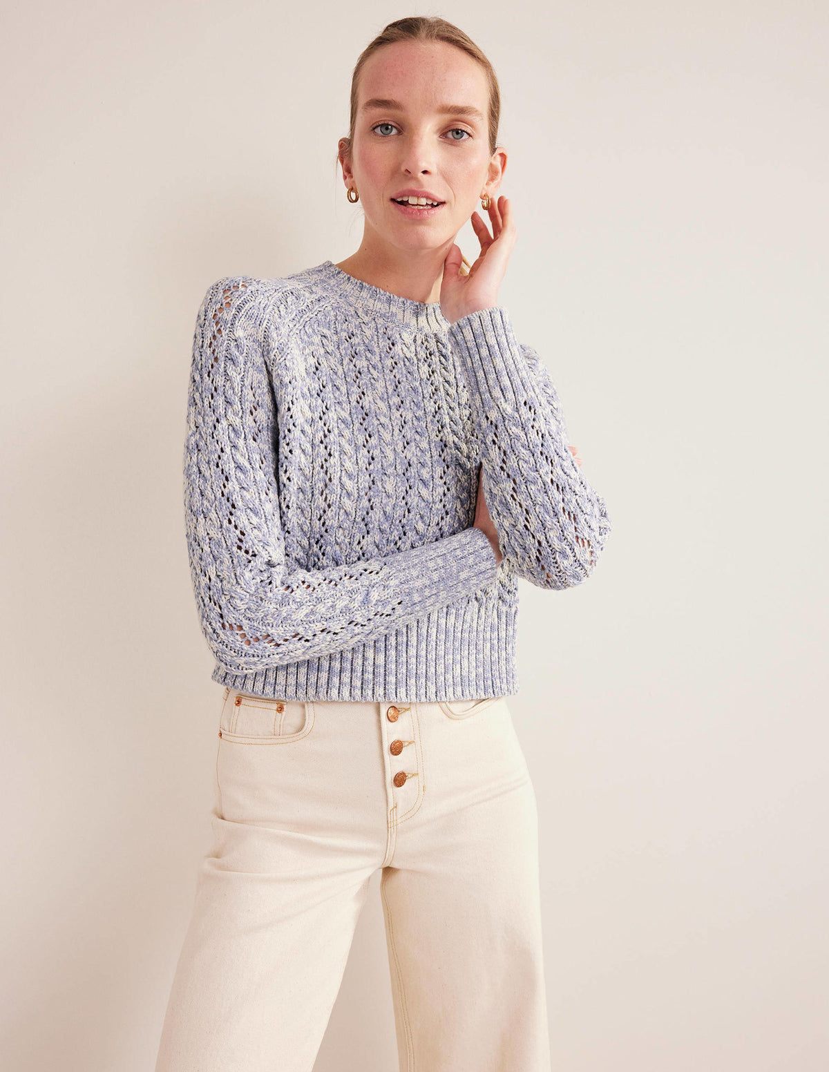 Marled Cable Jumper-Blue Blizzard, Ivory Marl - Image 1