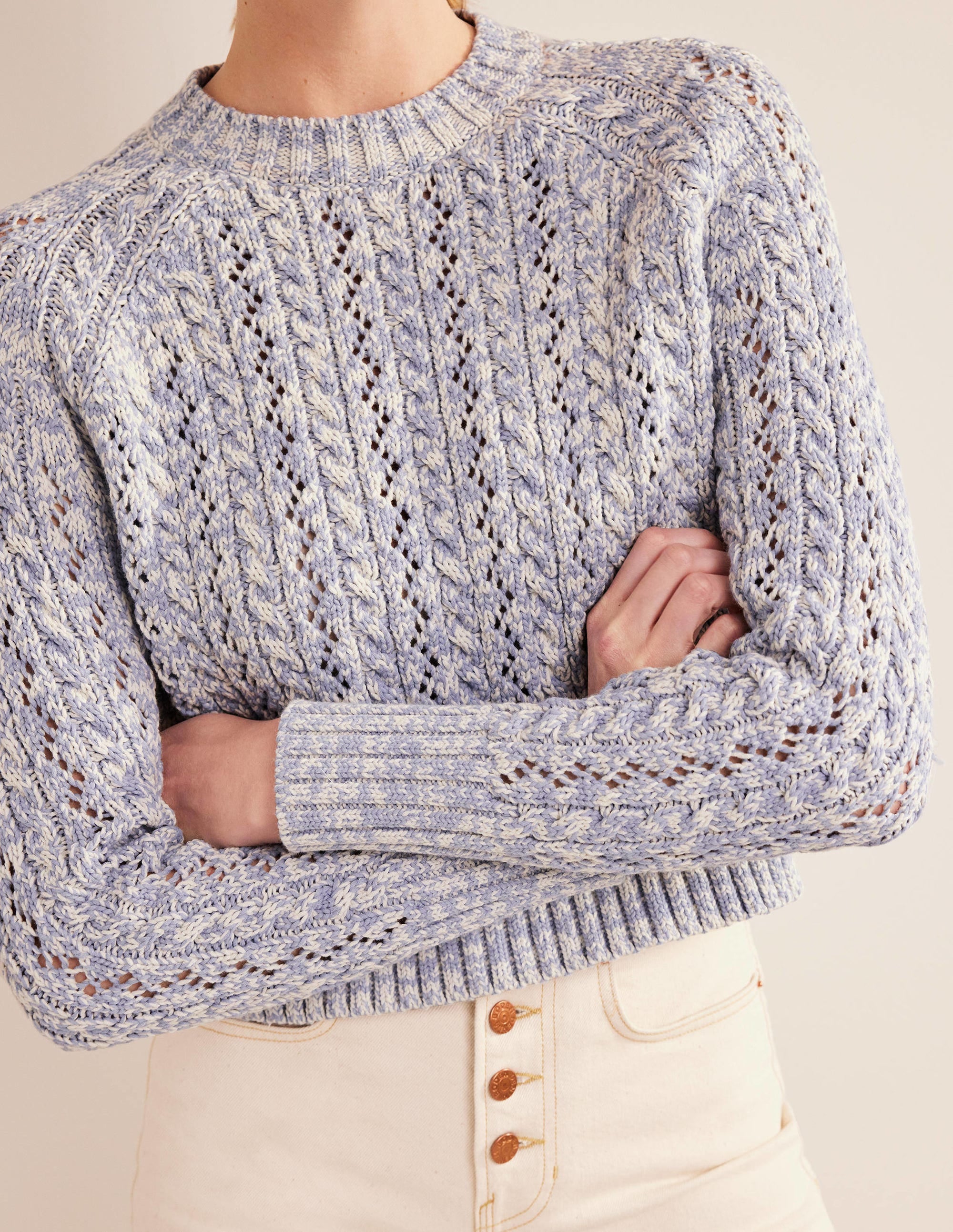 Marled Cable Jumper-Blue Blizzard, Ivory Marl - Image 2
