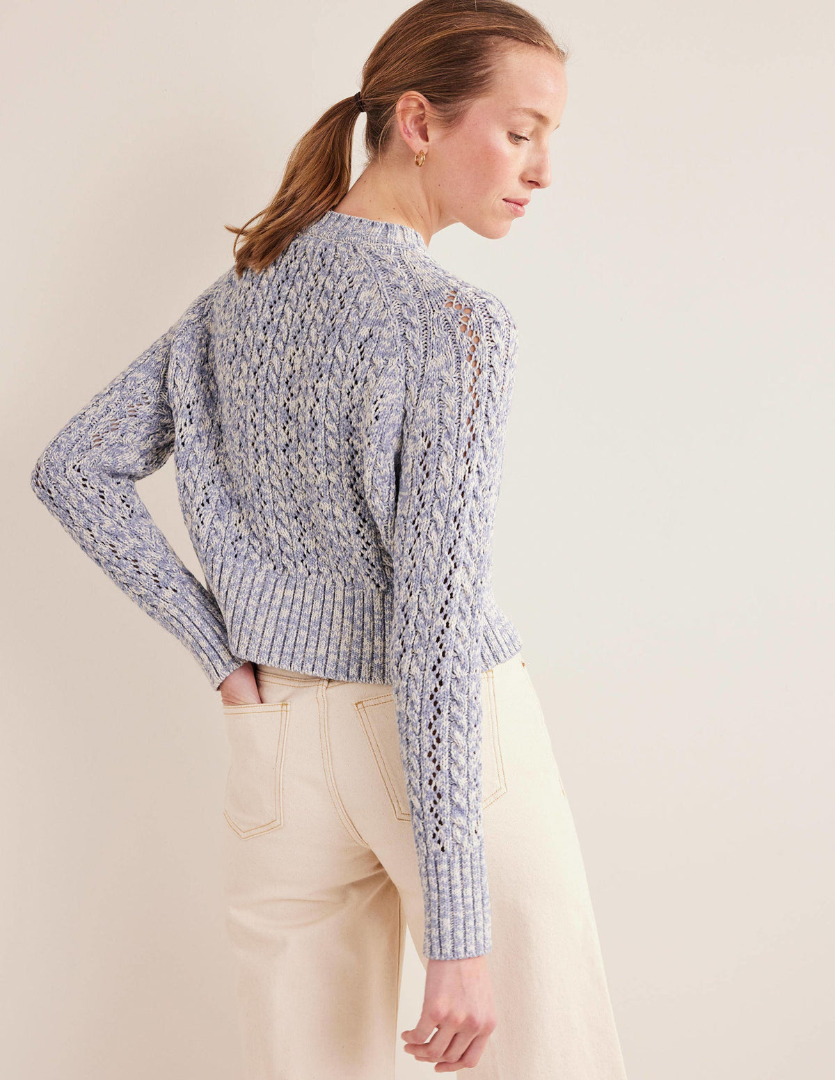 Marled Cable Jumper-Blue Blizzard, Ivory Marl - Image 3