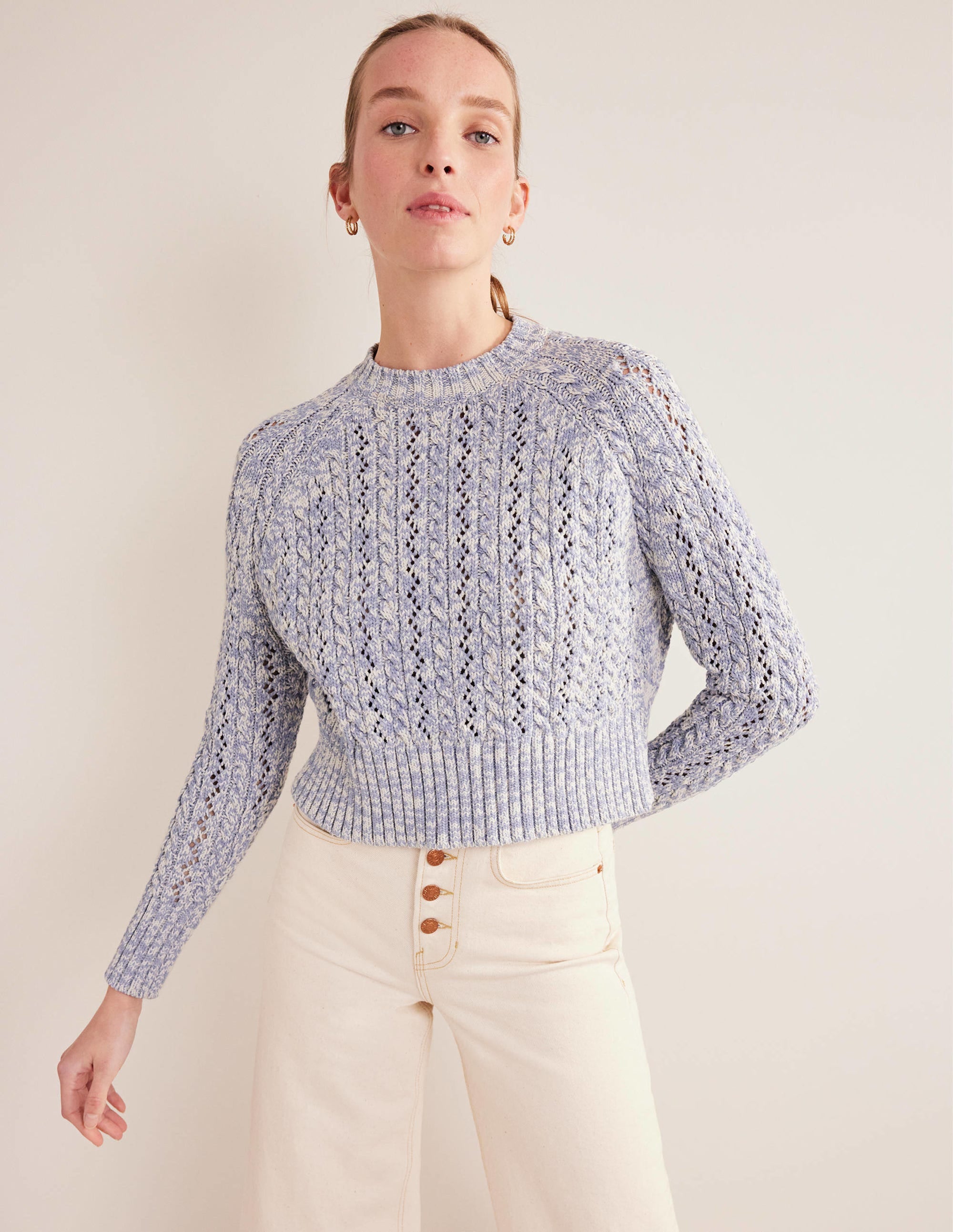 Marled Cable Jumper-Blue Blizzard, Ivory Marl - Image 4