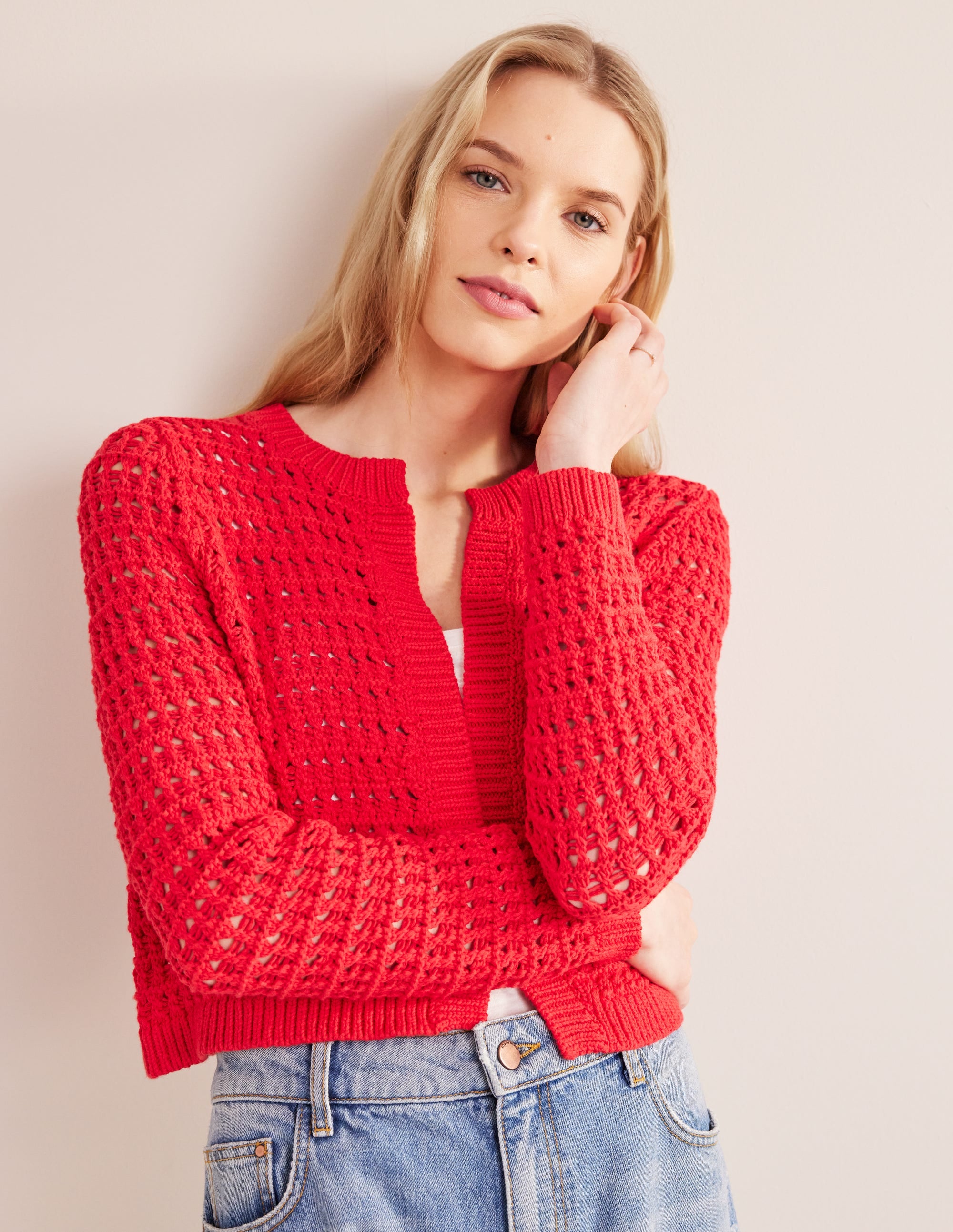Cropped Crochet Cardigan-High Risk Red - Image 1