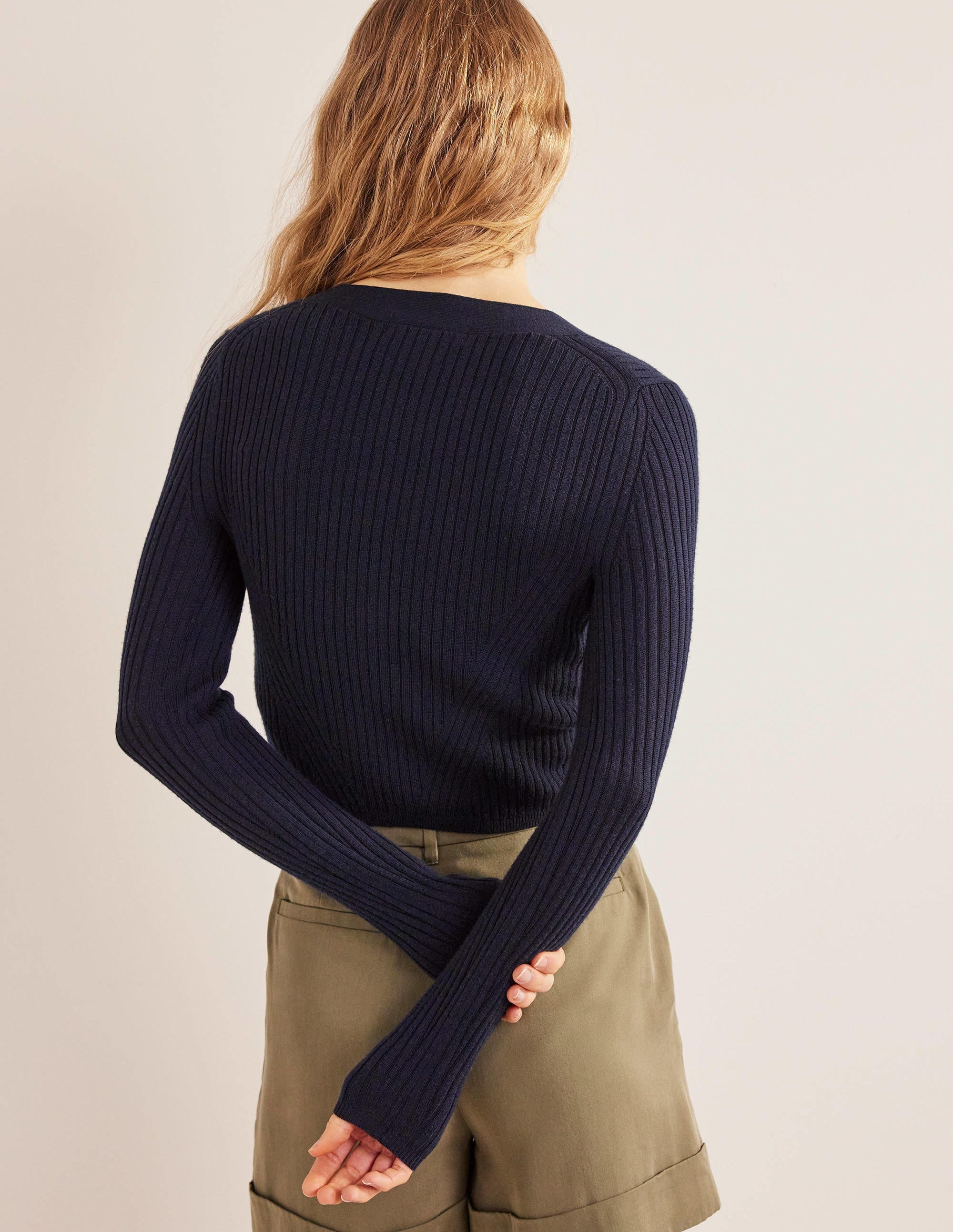 Merino Cropped RIb Cardigan-Navy - Image 3