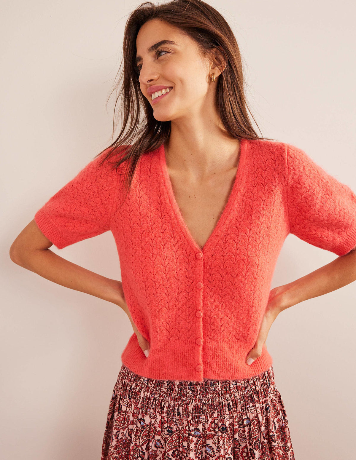 Pointelle Cardigan-Coral - Image 1