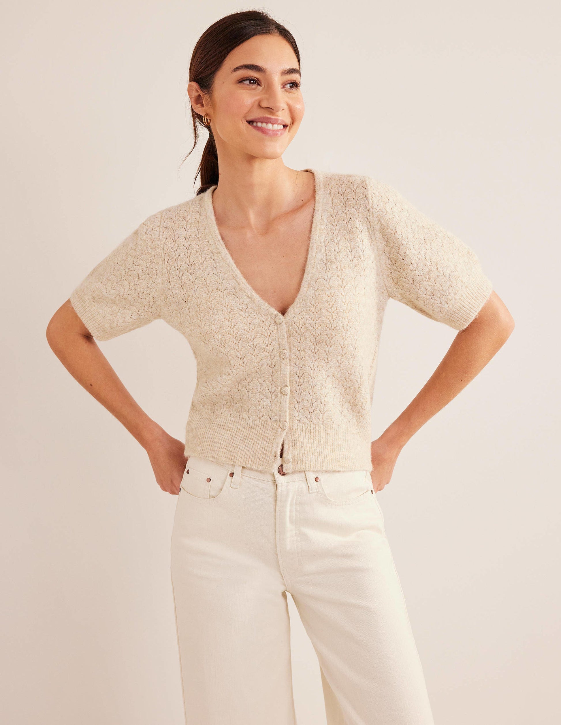 Pointelle Cardigan-Oatmeal Melange-1