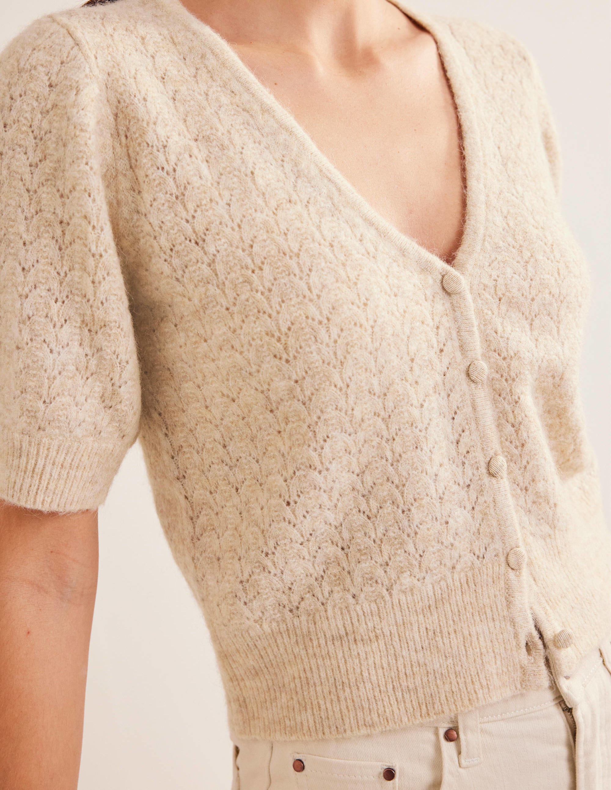 Pointelle Cardigan-Oatmeal Melange - Image 2