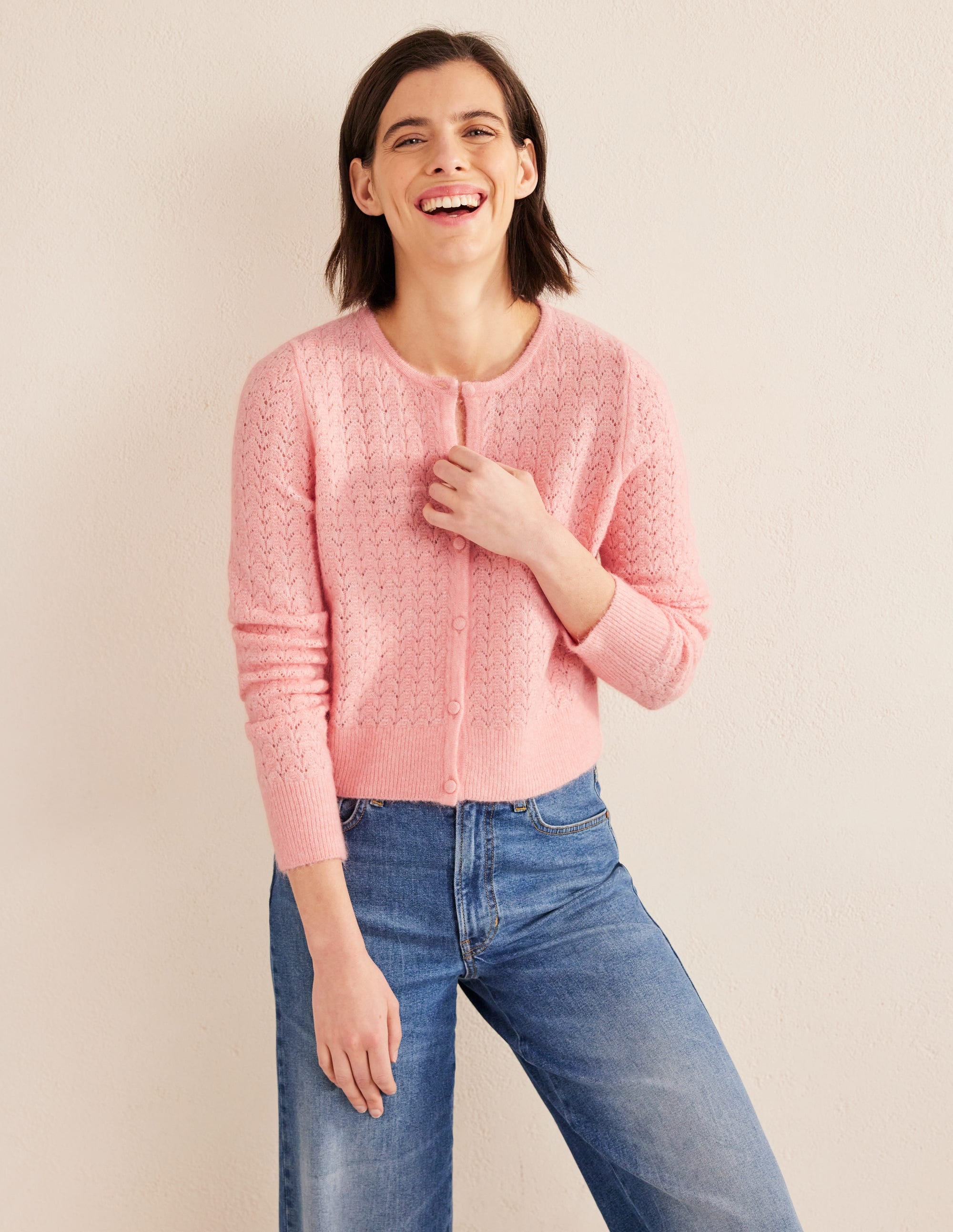 Pointelle Long-Sleeve Cardigan-Dahlia Pink - Image 1