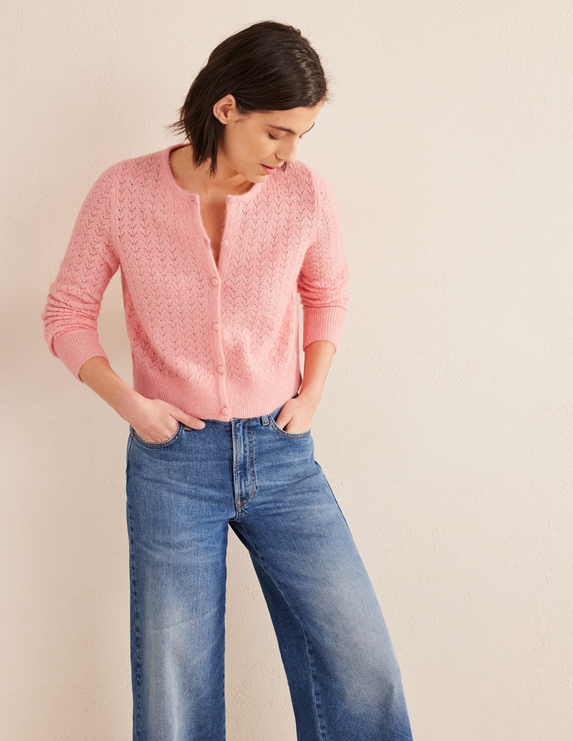 Pointelle Long-Sleeve Cardigan-Dahlia Pink - Image 5