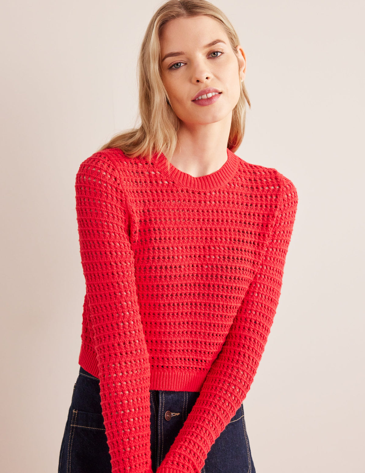 Cropped Crochet Jumper-High Risk Red - Image 1