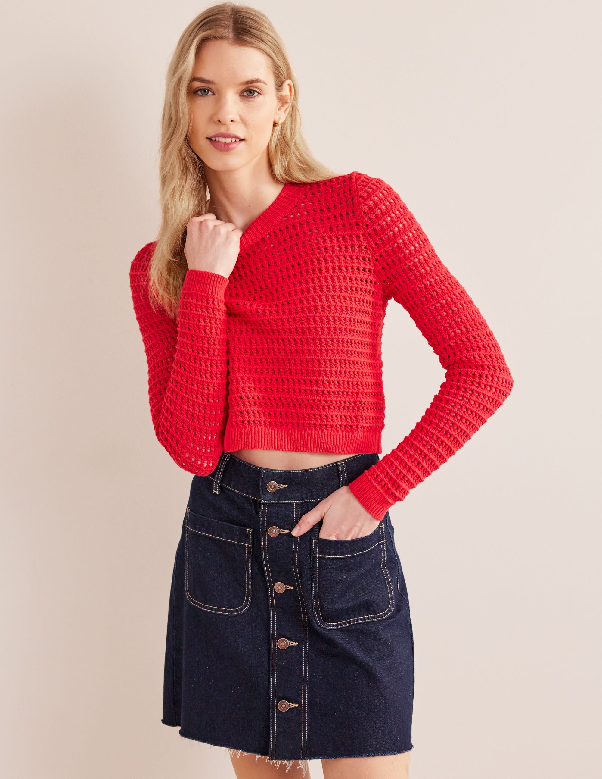 Cropped Crochet Jumper-High Risk Red - Image 4