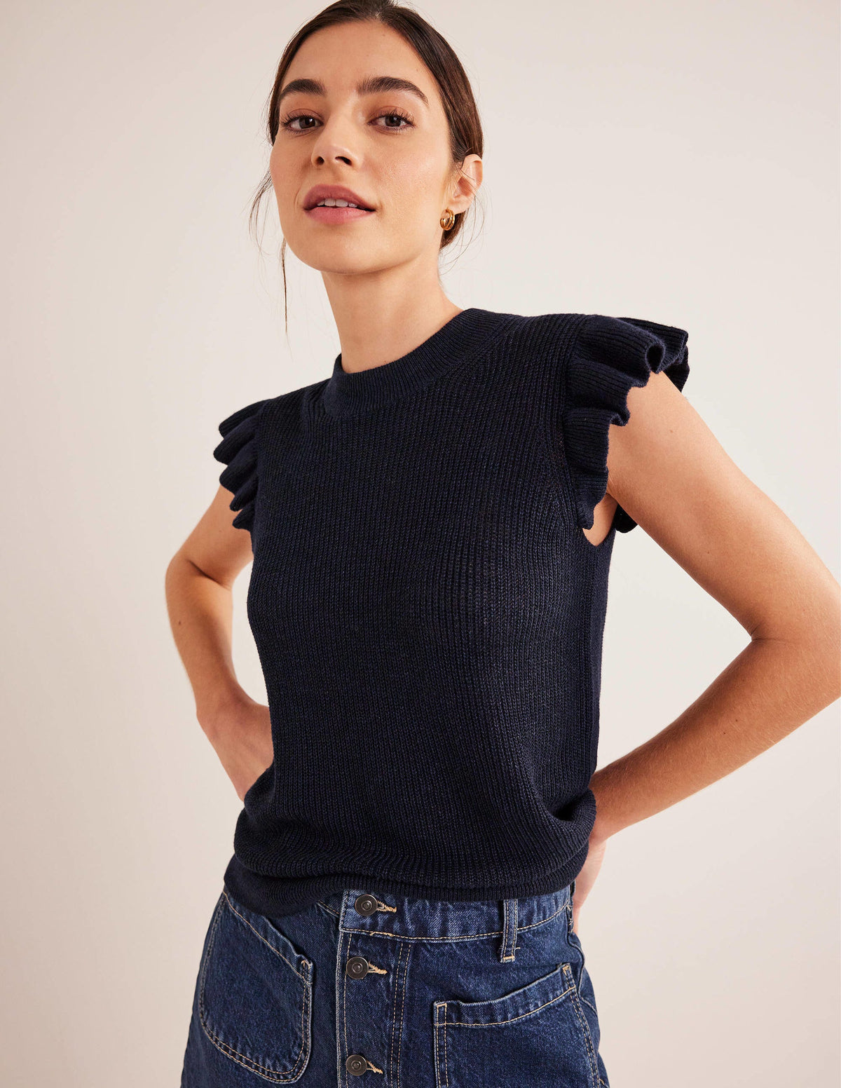 Ribbed Frill Linen Vest-Navy-1