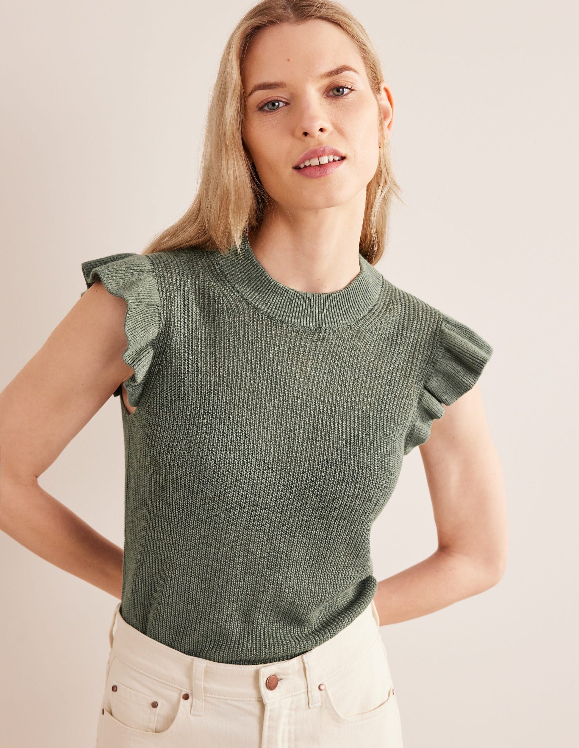 Ribbed Frill Linen Vest-Alder-1