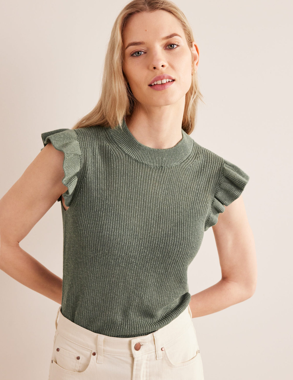 Ribbed Frill Linen Vest-Alder - Image 1