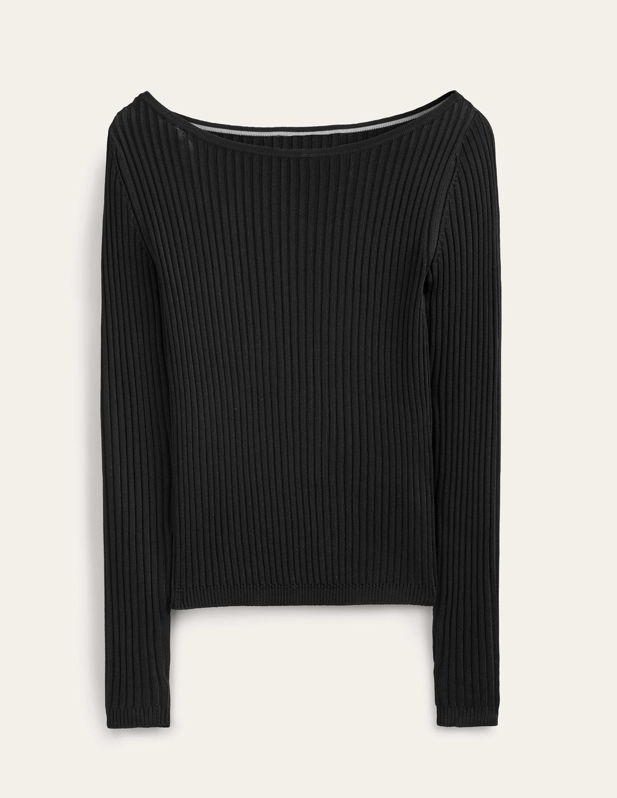 Ribbed Slash Neck Jumper-Black - Image 5