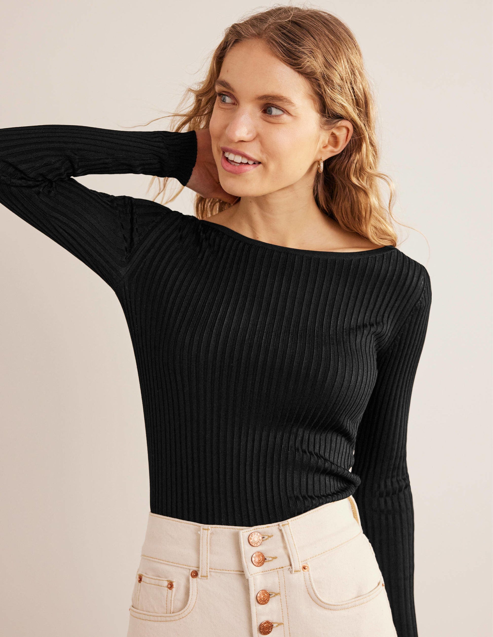Ribbed Slash Neck Jumper-Black-1