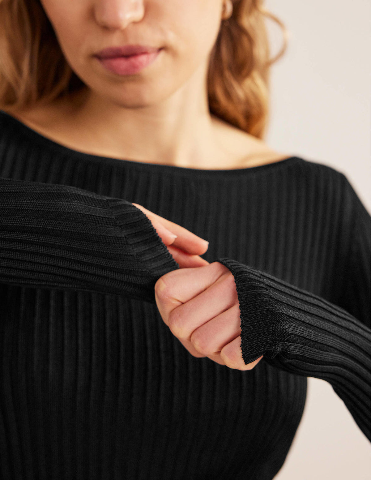 Ribbed Slash Neck Jumper-Black-2