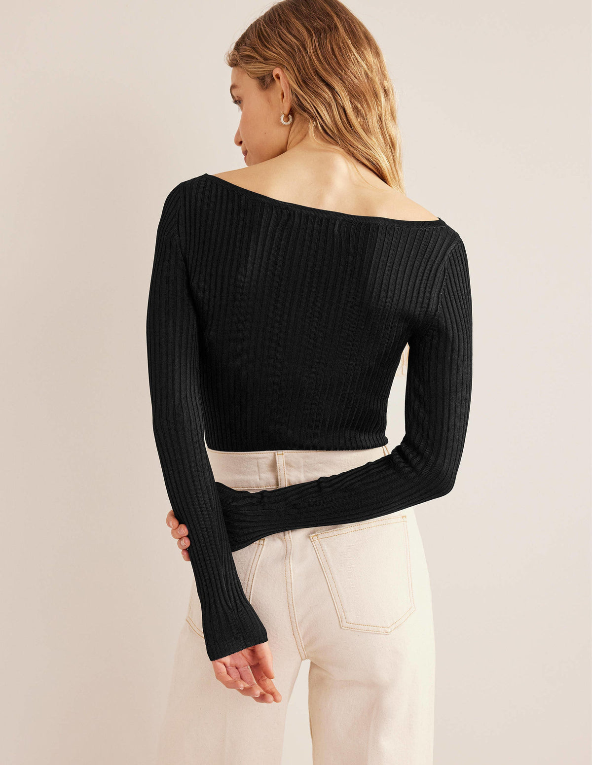 Ribbed Slash Neck Jumper-Black-3