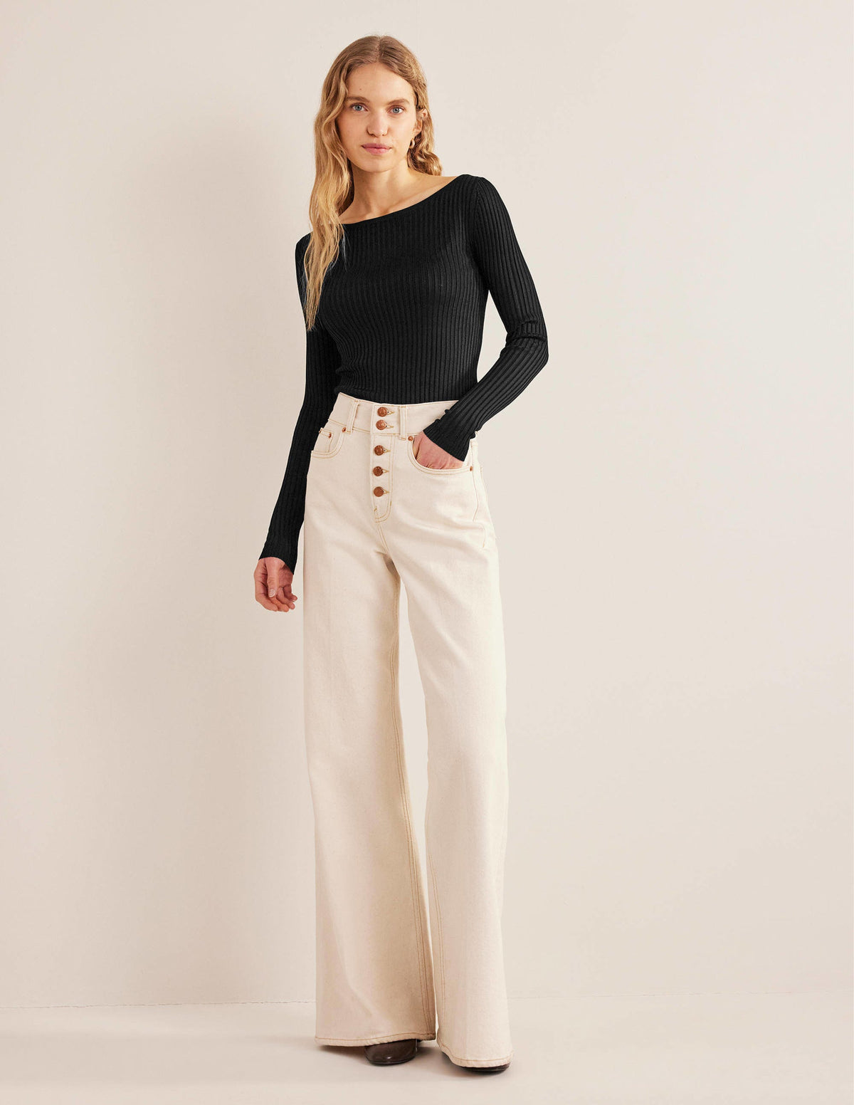 Ribbed Slash Neck Jumper-Black-4
