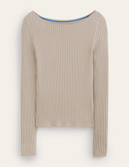 Ribbed Slash Neck Jumper-Stone-5