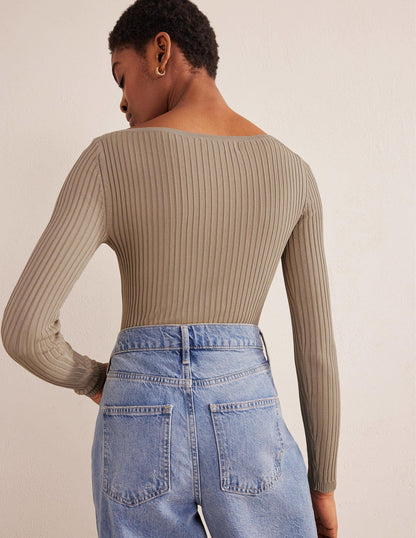 Ribbed Slash Neck Jumper-Stone-3