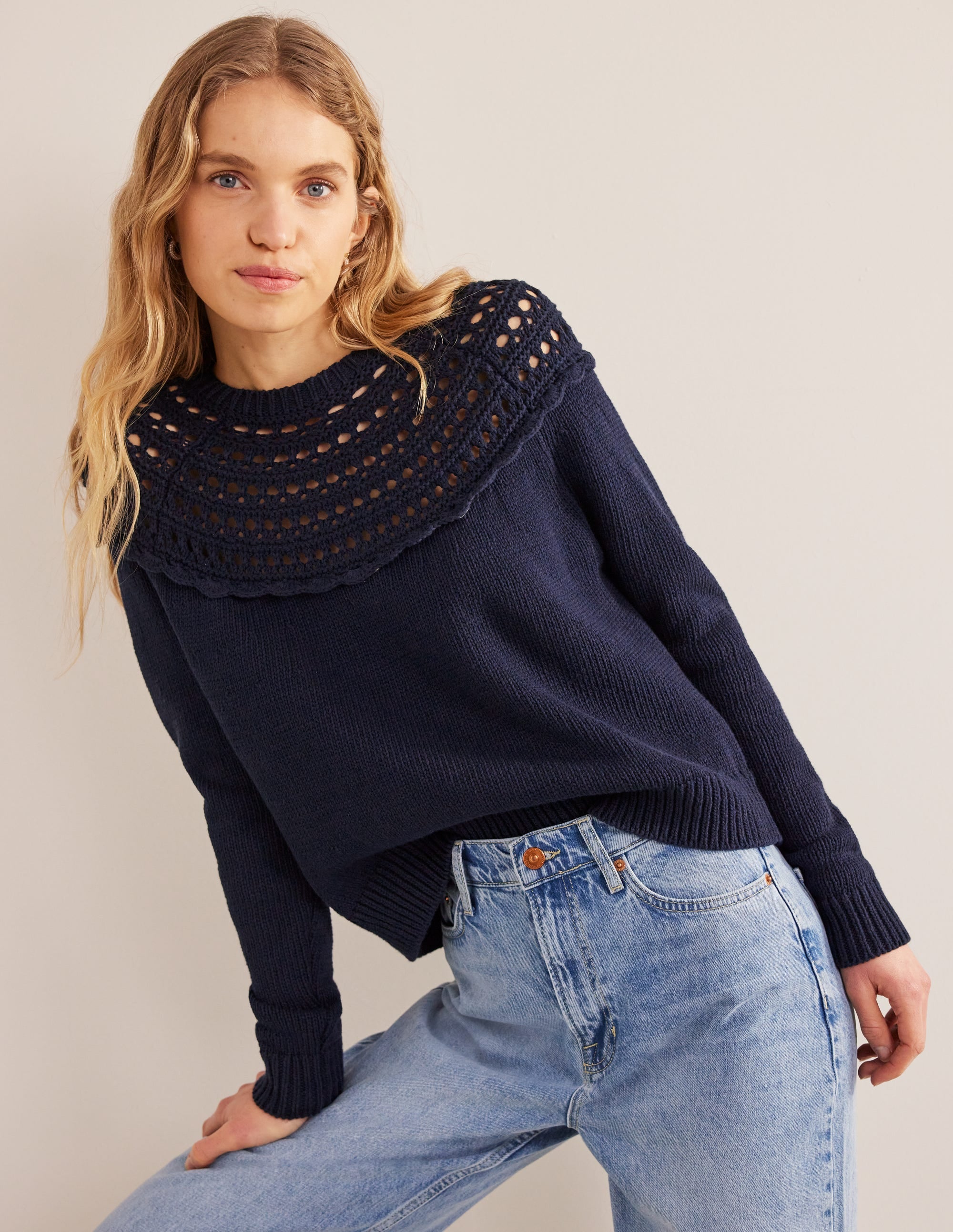 Crochet Yoke Jumper-Navy - Image 1