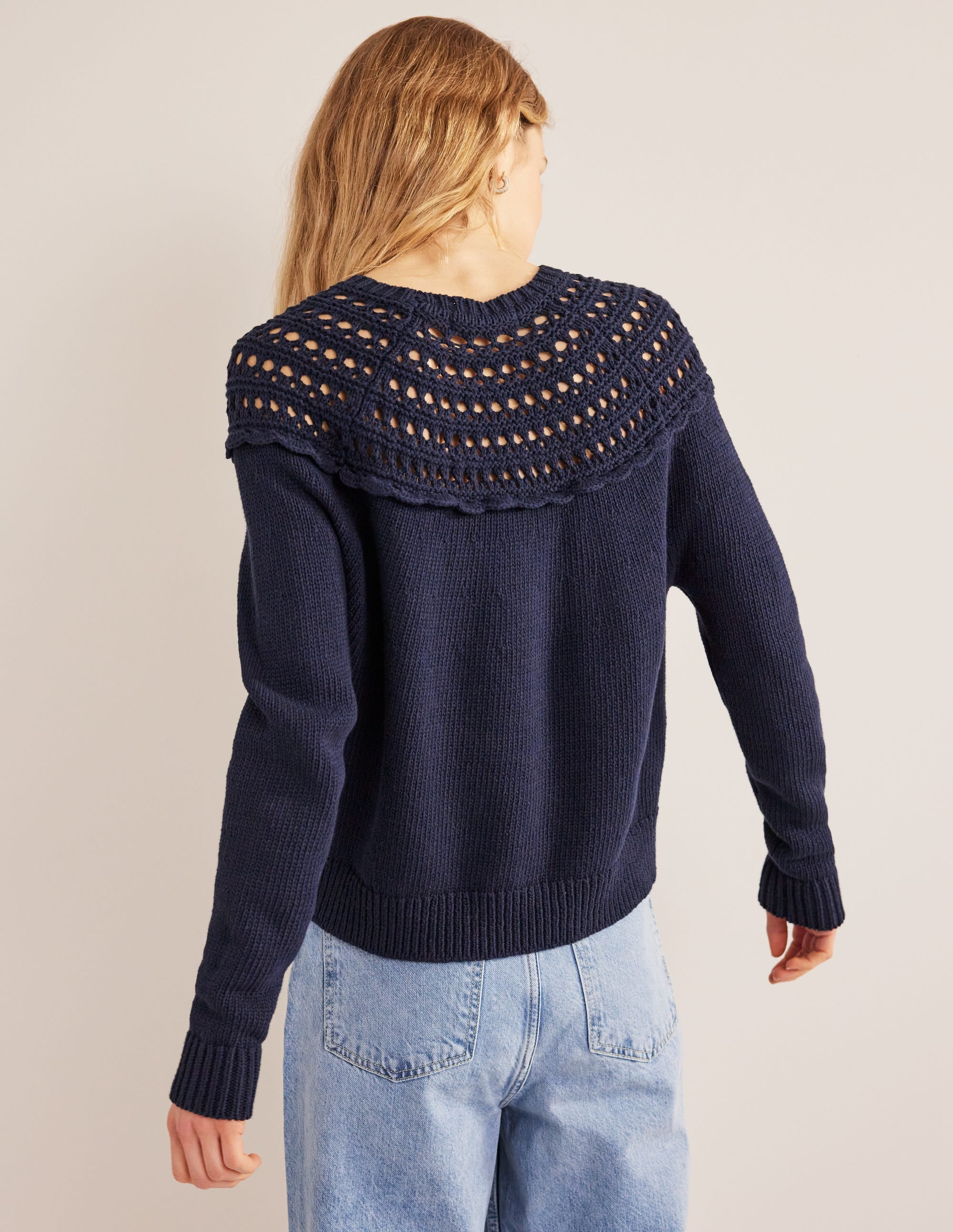 Crochet Yoke Jumper-Navy - Image 3