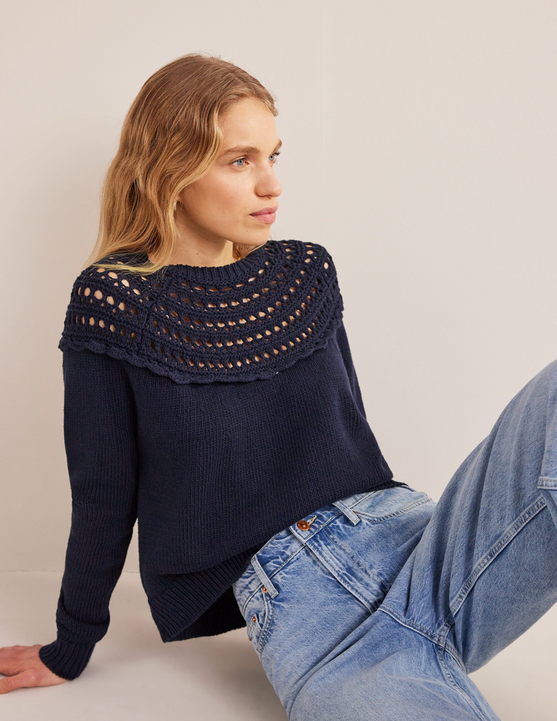 Crochet Yoke Jumper-Navy-4