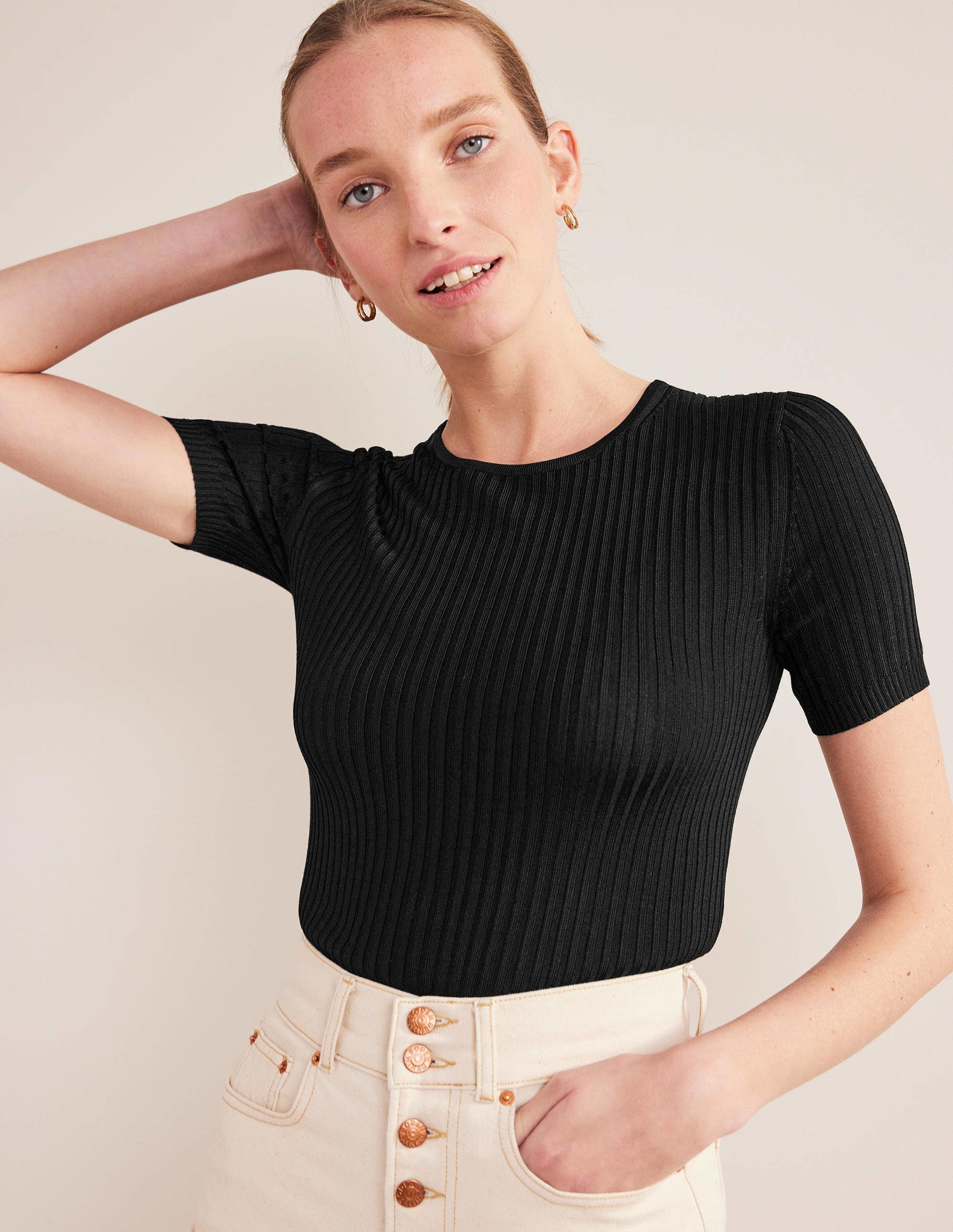 Ribbed Knitted T-Shirt-Black-1