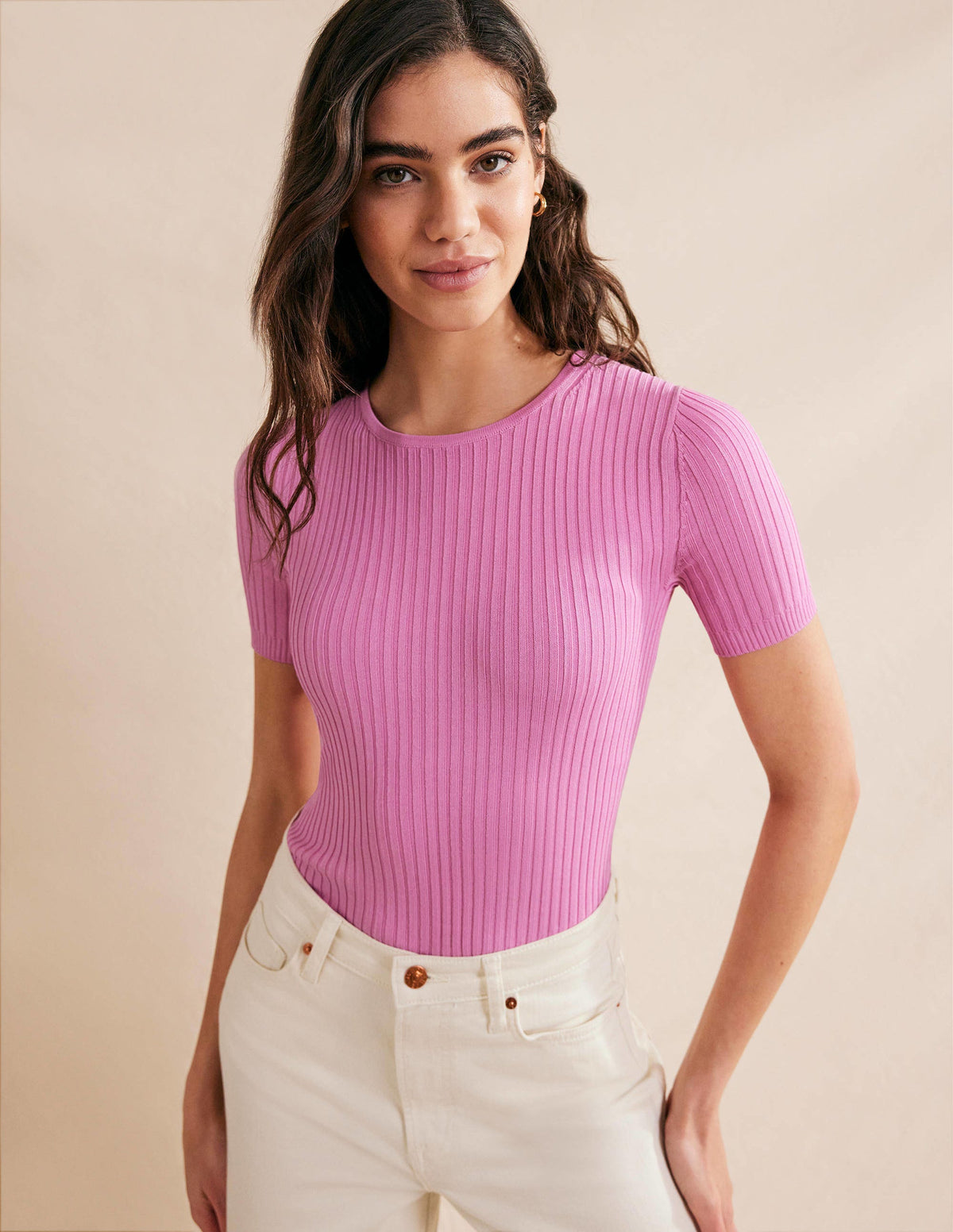 Ribbed Knitted T-Shirt-Pink Lemonade - Image 1