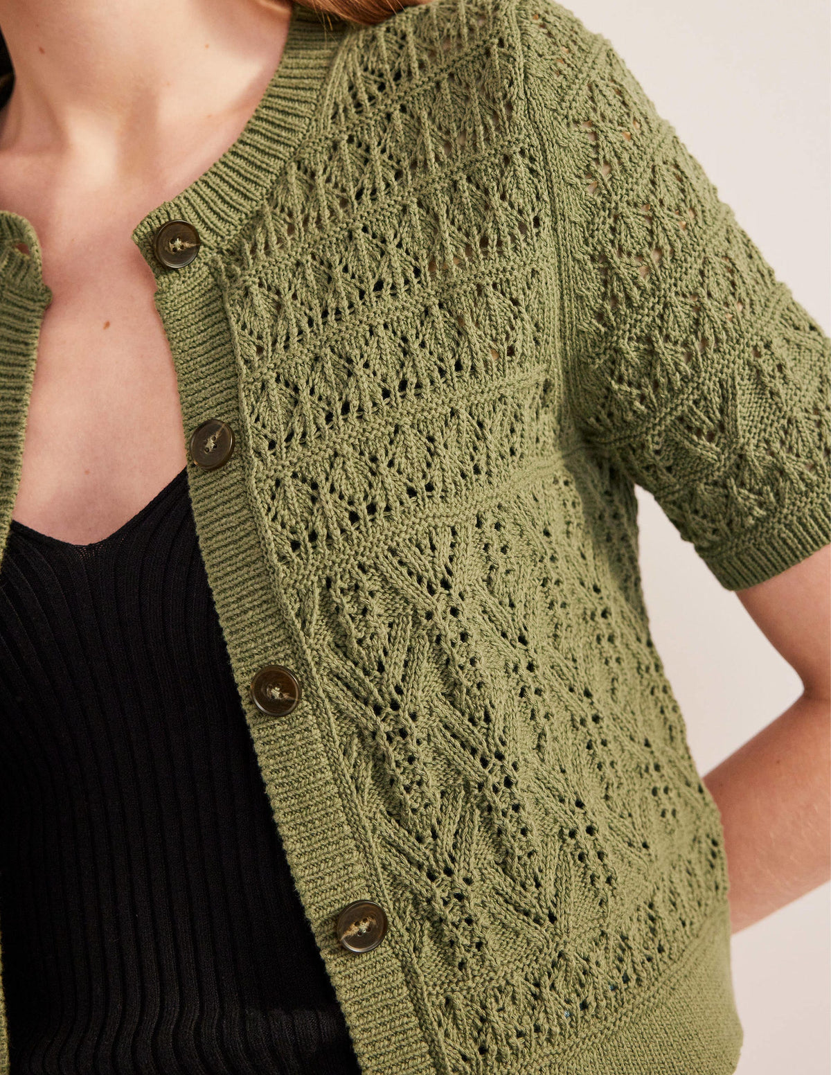 Pointelle Crew Neck Cardigan-Spruce Green-2
