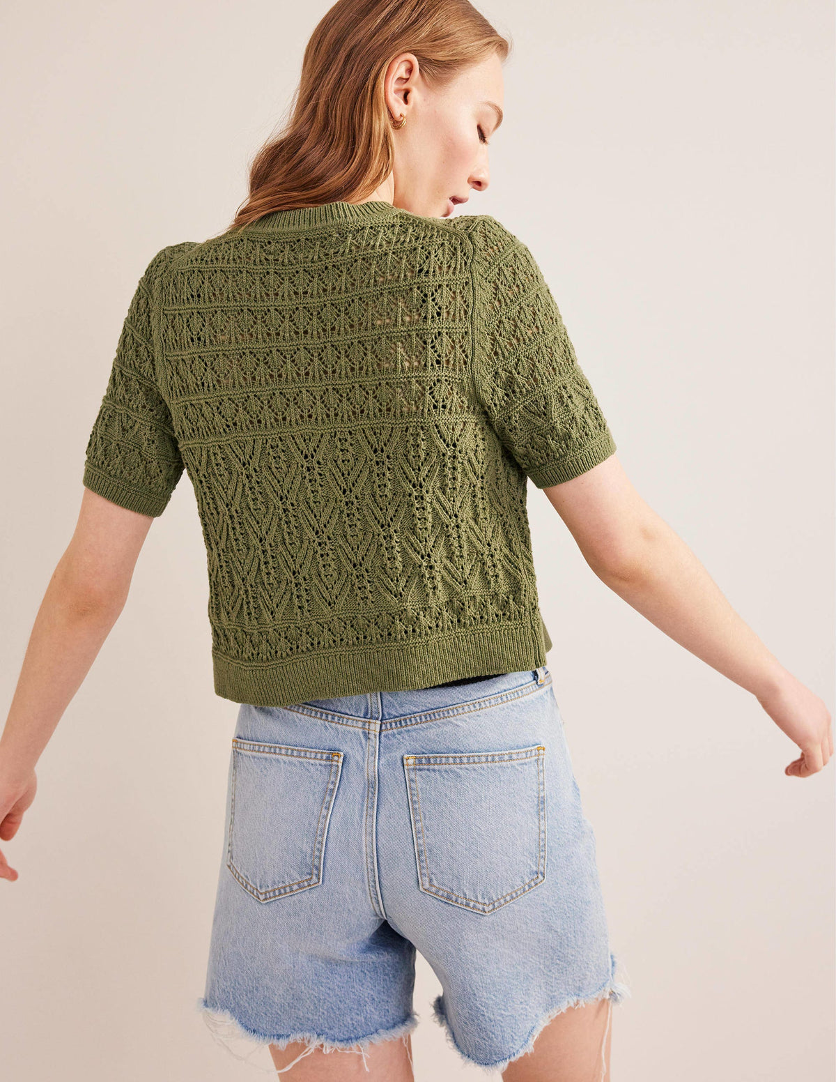 Pointelle Crew Neck Cardigan-Spruce Green-3