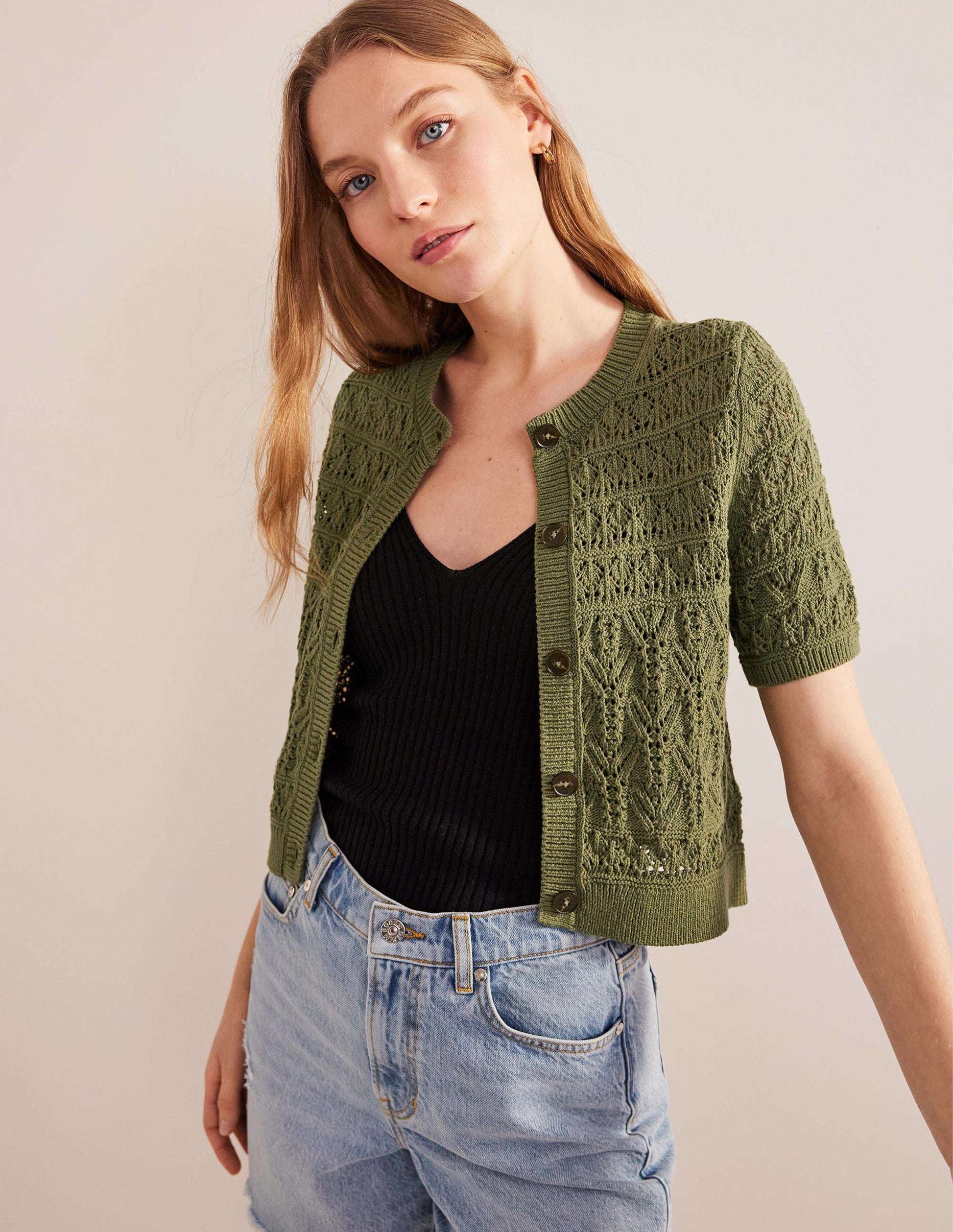 Pointelle Crew Neck Cardigan-Spruce Green-4