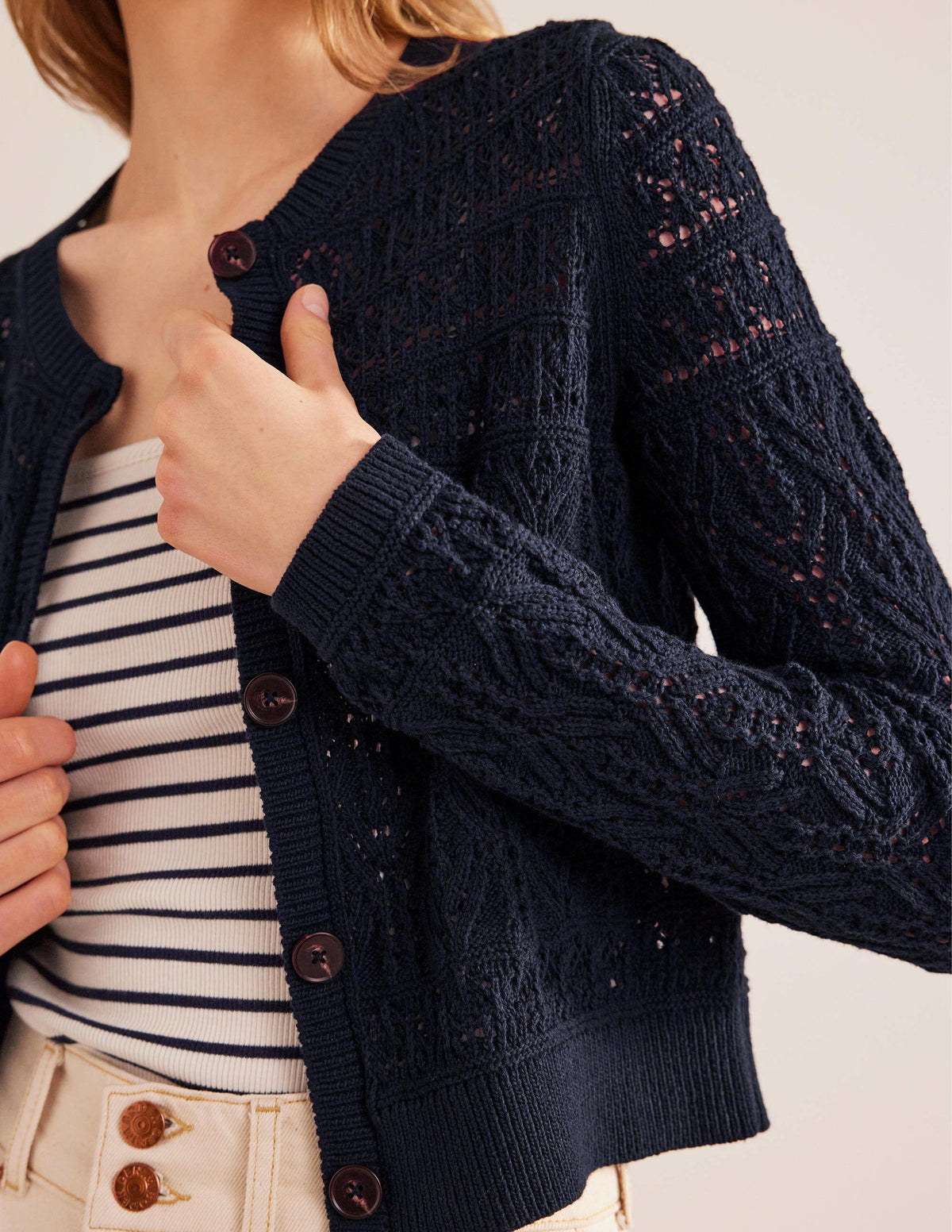 Pointelle Cotton Cardigan-Navy-2