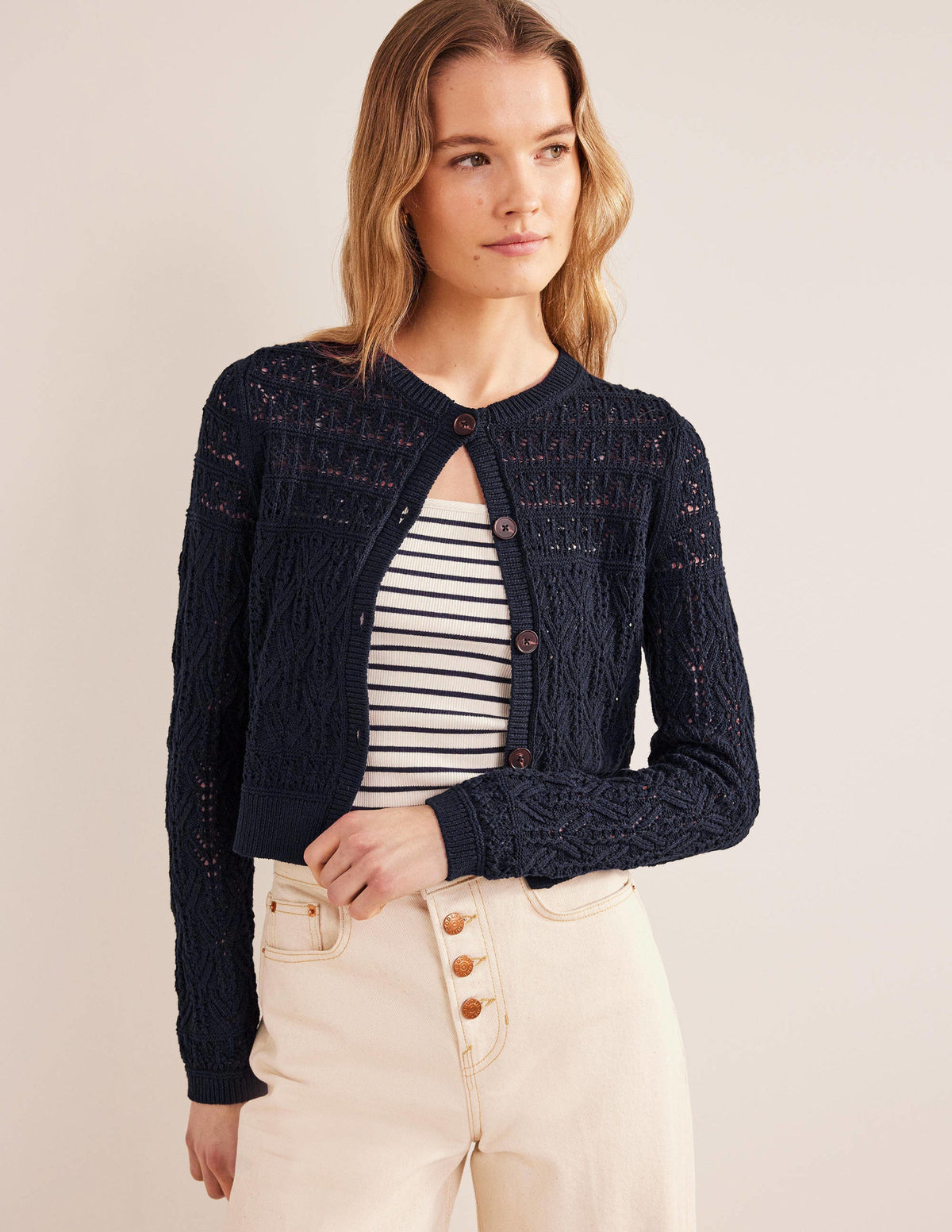 Pointelle Cotton Cardigan-Navy - Image 4