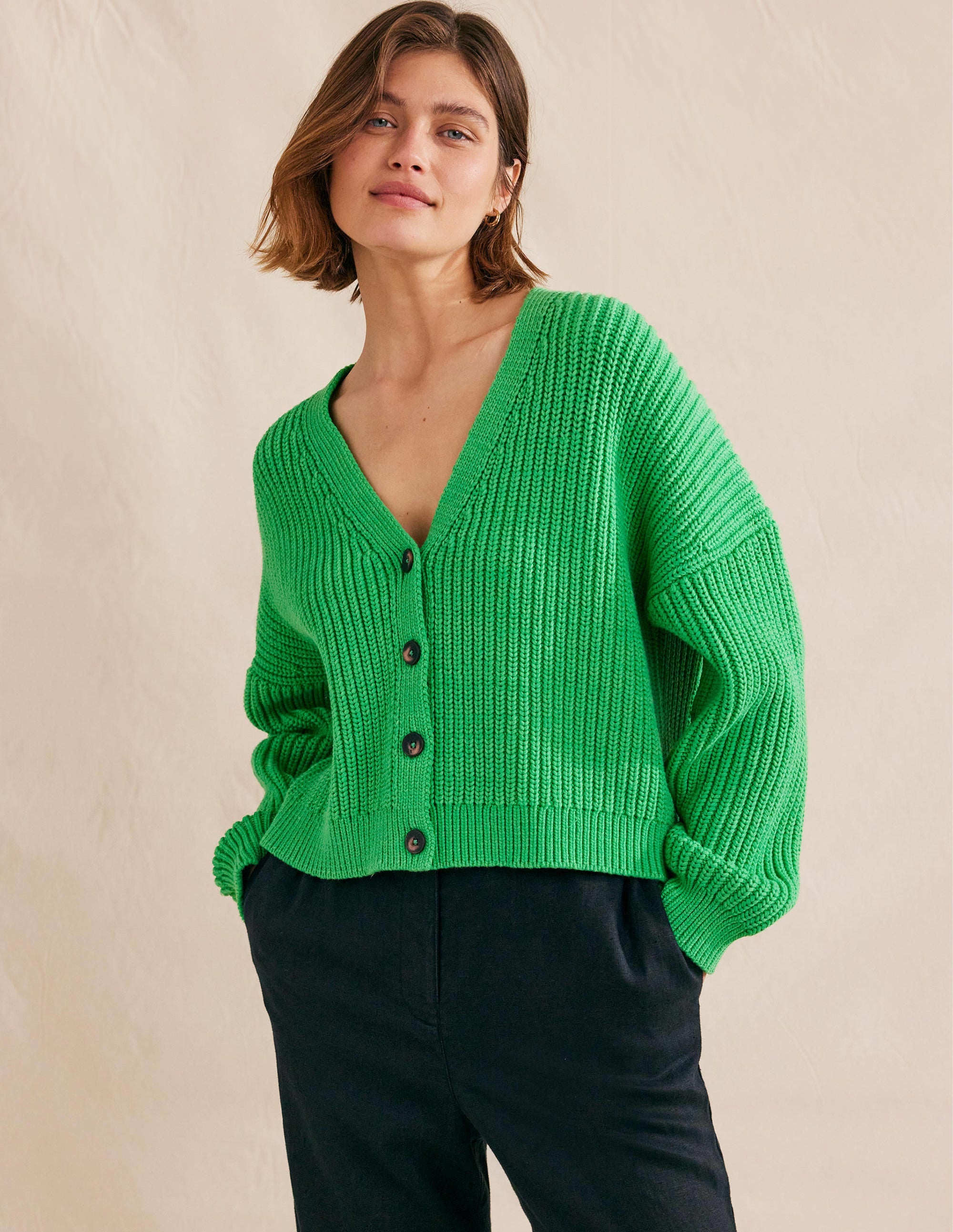 Oversized Ribbed Cardigan-Bright Green - Image 1