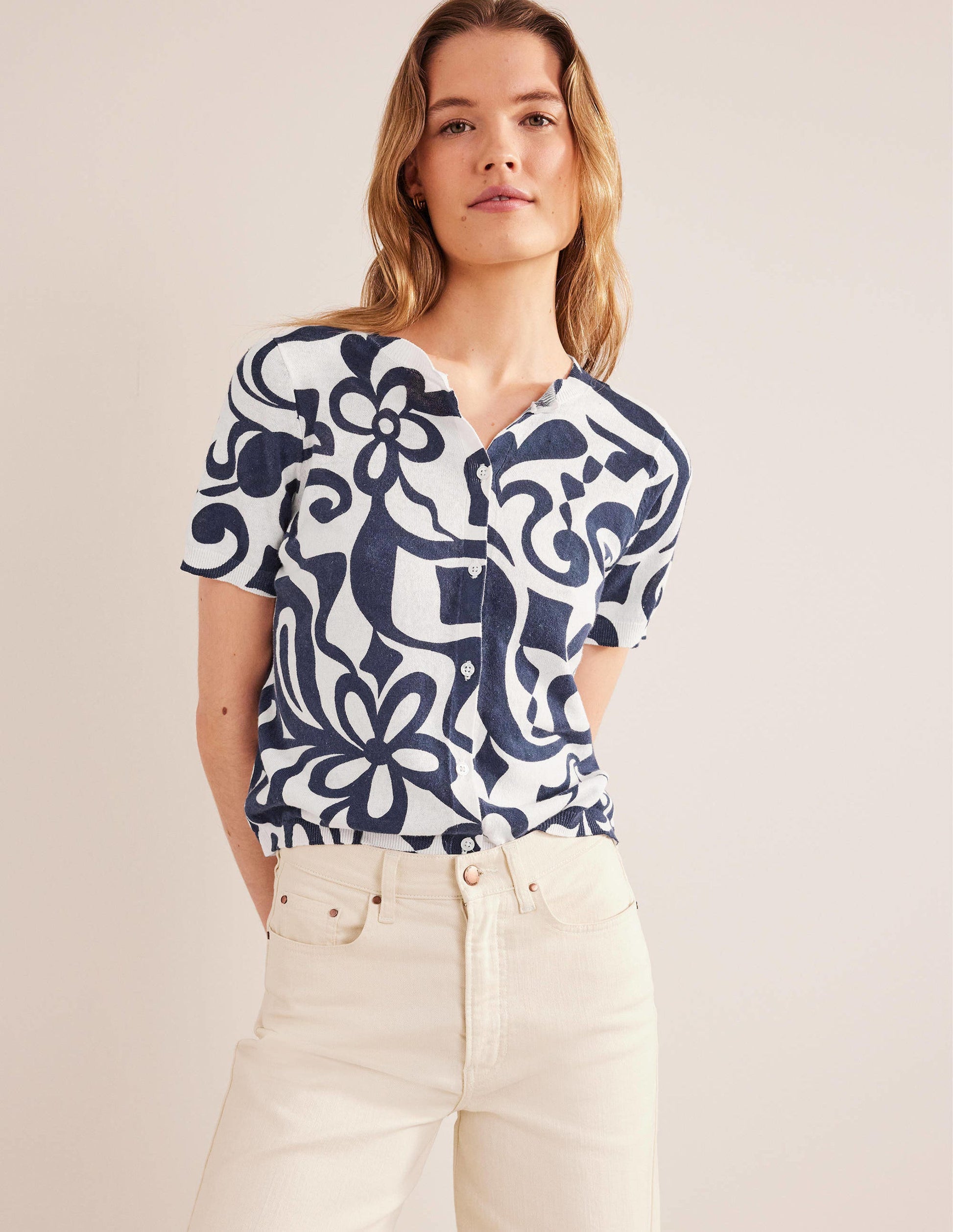 Printed Beach Cardigan-Ink Pot, Ivory Bloom Azure-1