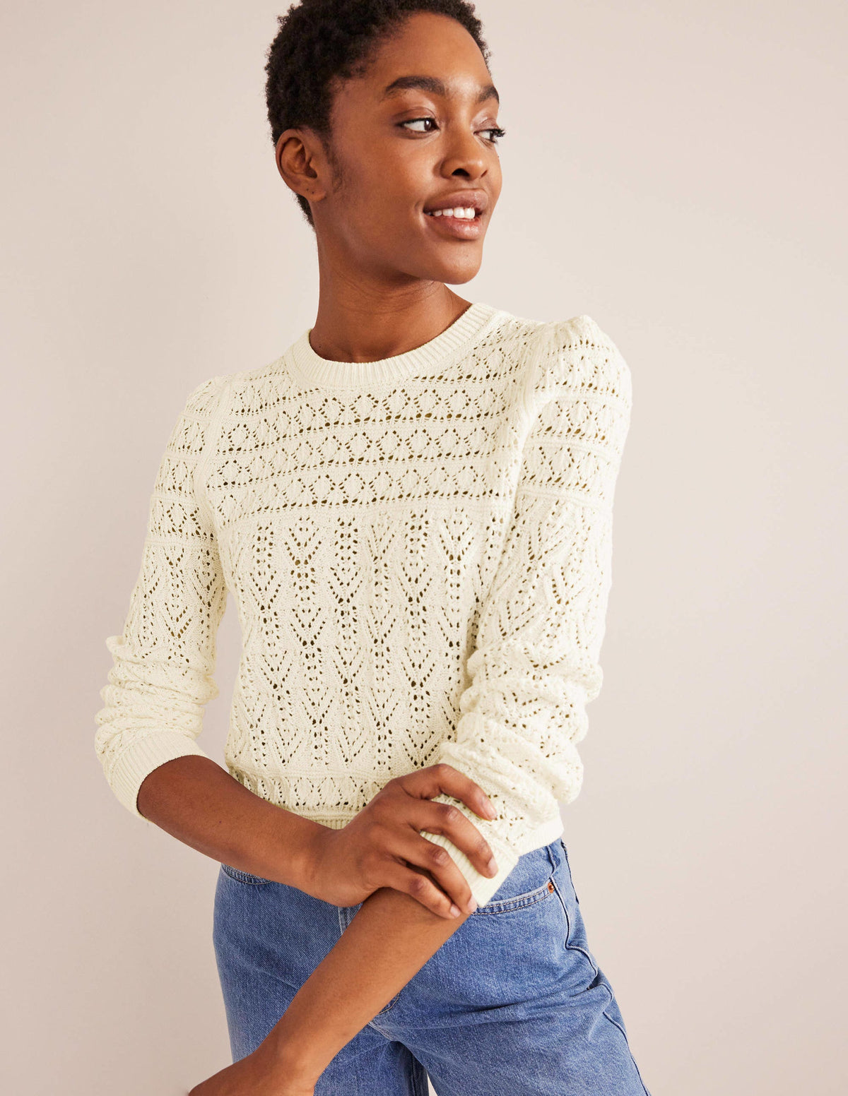 Pointelle Cotton Jumper-Warm Ivory - Image 1